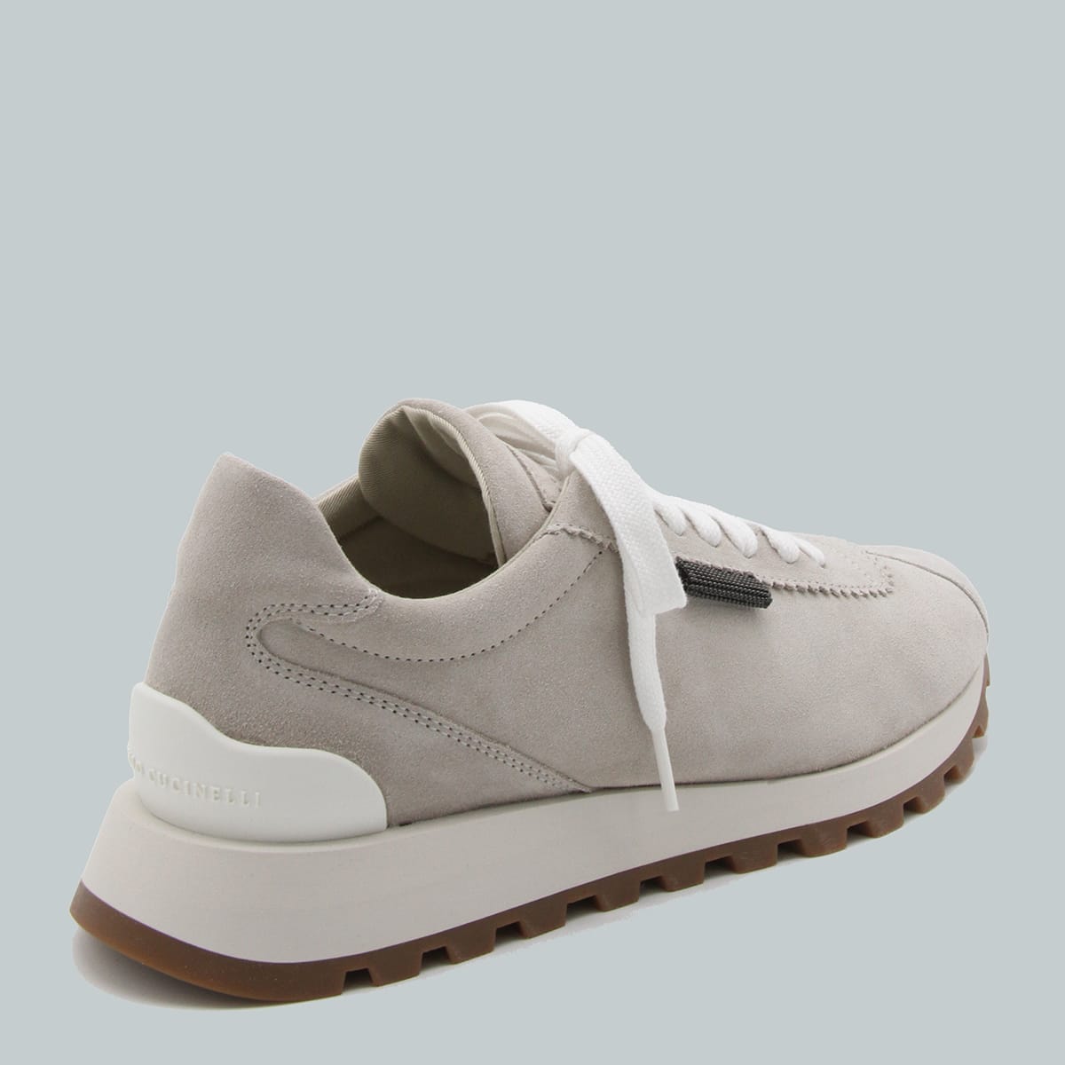 Brunello Cucinelli Beige Low Top Sneakers With Monil Detail On The Side And Embossed Logo Lettering On The Rear In Gray