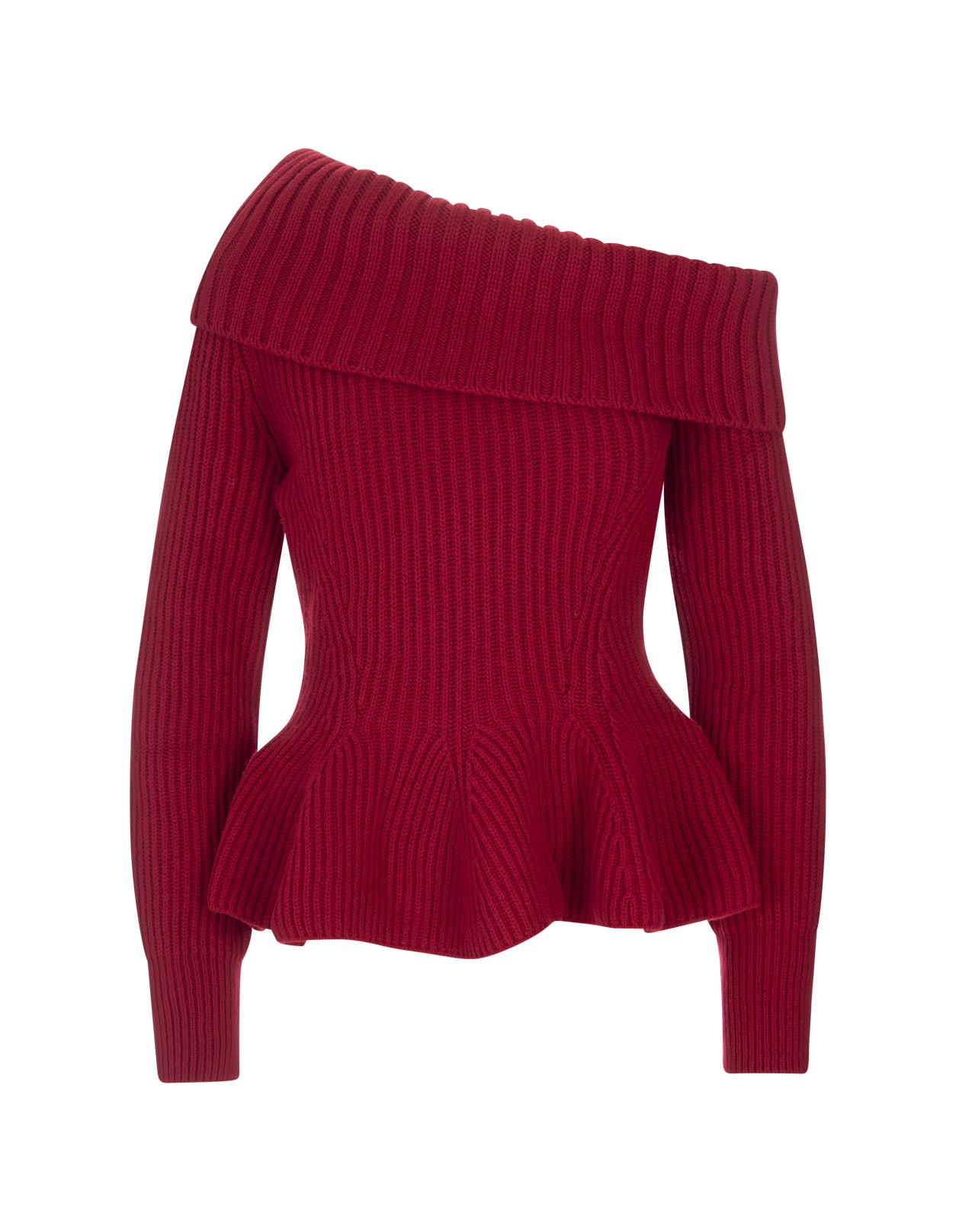 Alexander McQueen Woman Red One Shoulder Sweater With Ruffles