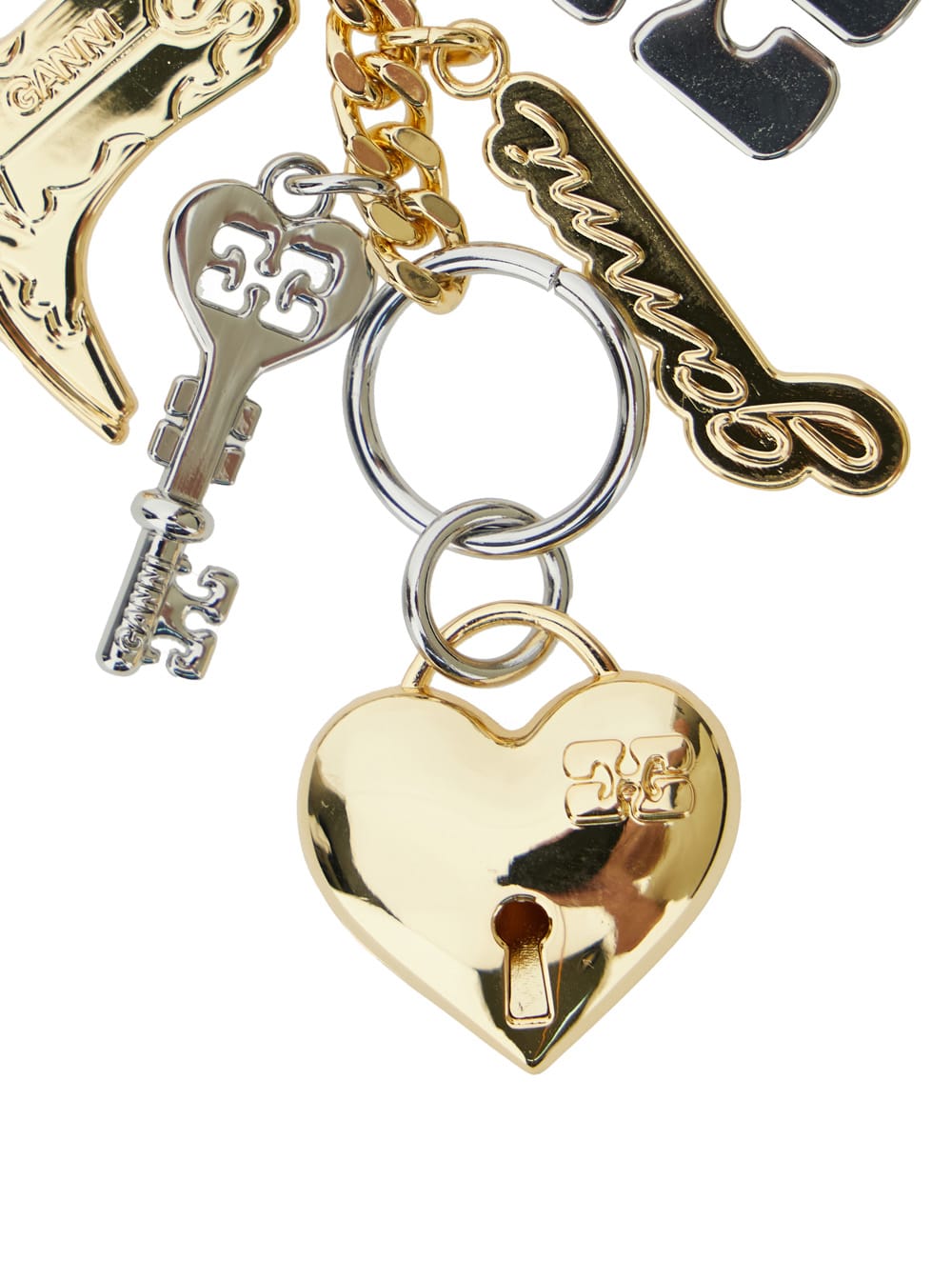 Metallic Keyring With Logo Charm And Heart Shaped Locket In Metal Woman