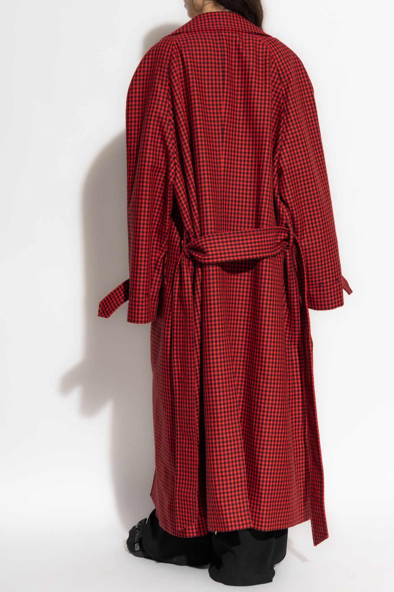 Balenciaga Houndstooth-pattern Belted Coat In Red