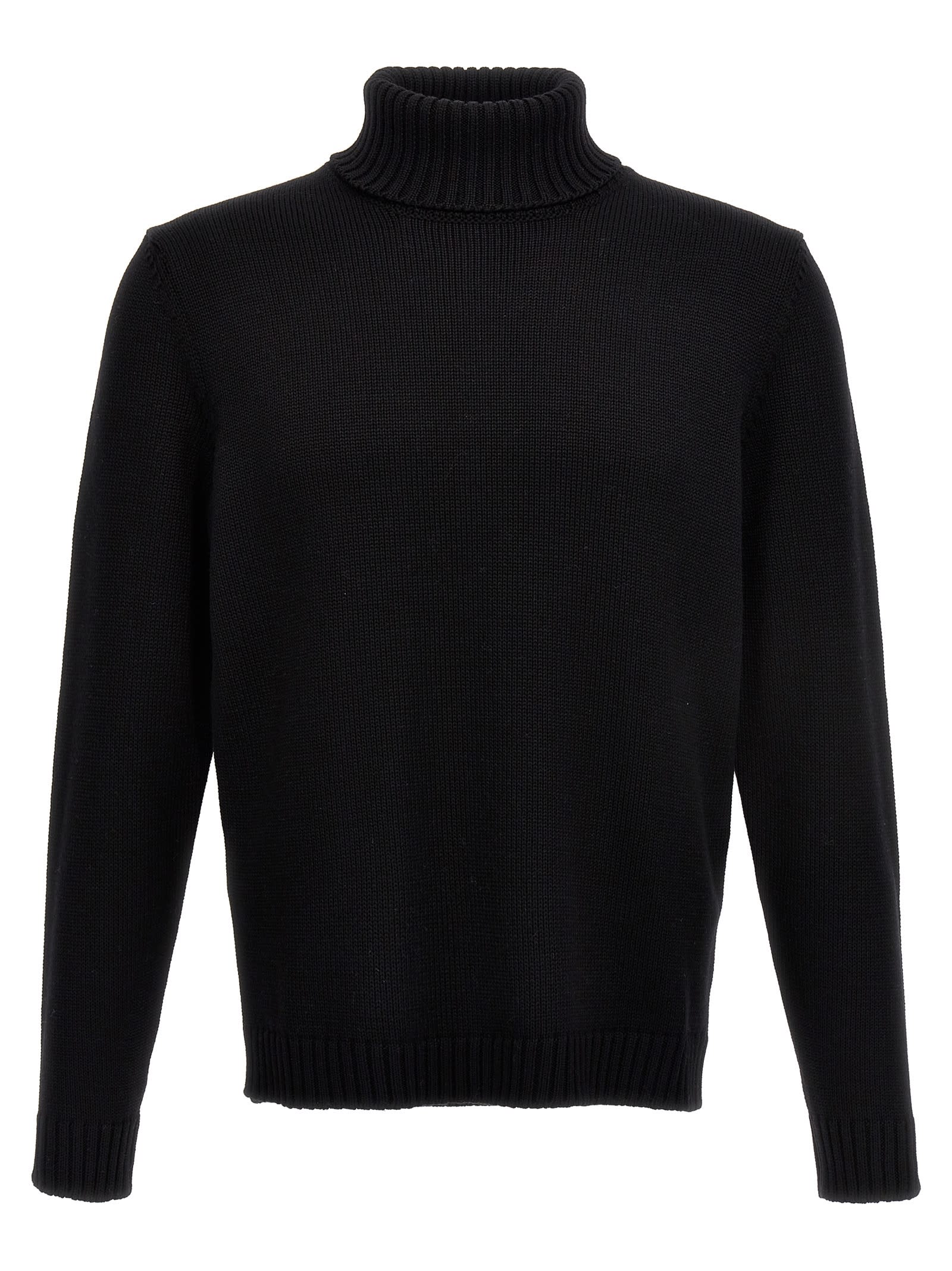 Zanone Fitted Black Wool Turtleneck Sweater With Long Cuffed Sleeves In Black