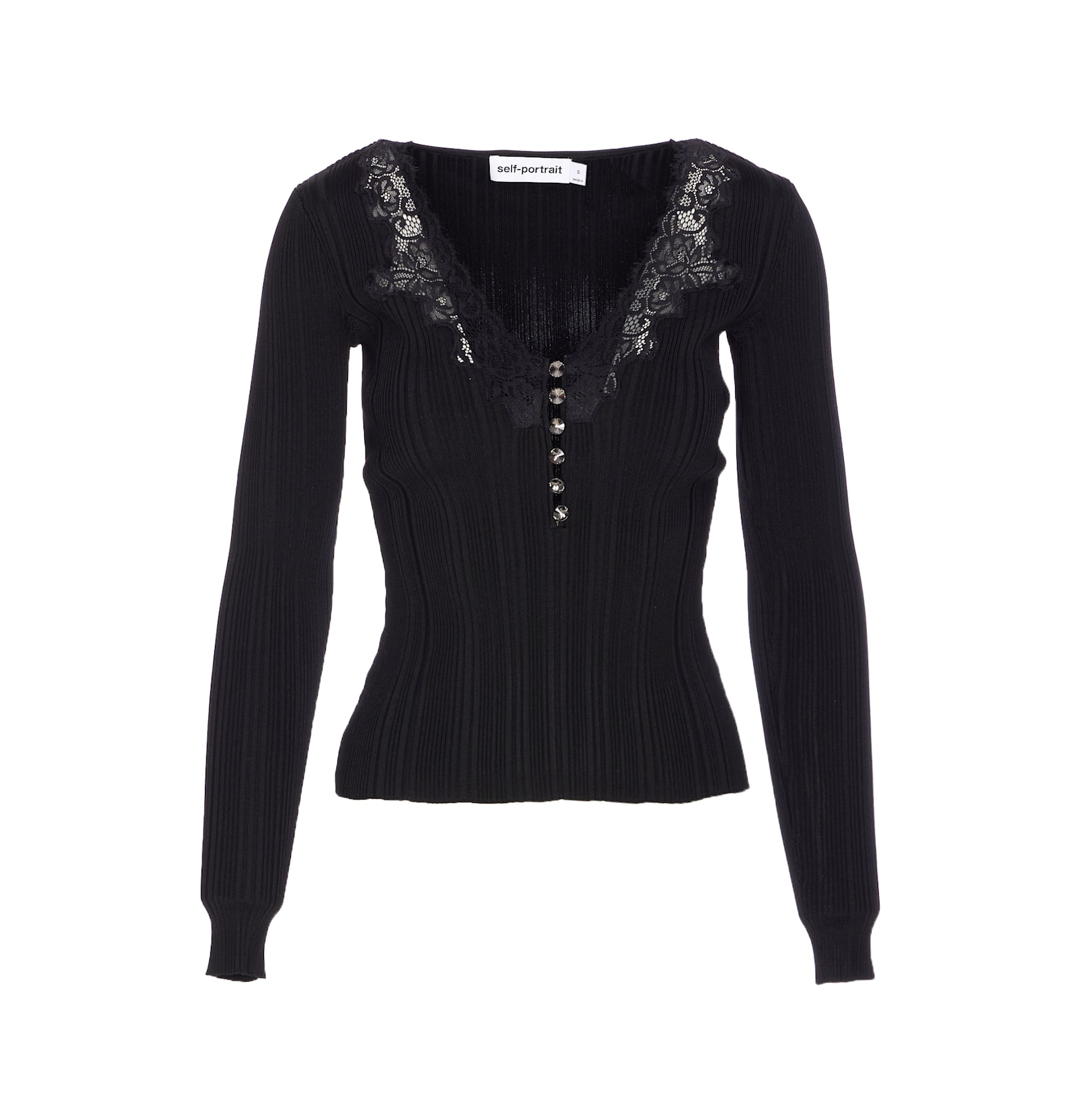 Self-portrait Black Lace Trim Knit Top Tops Black In Black