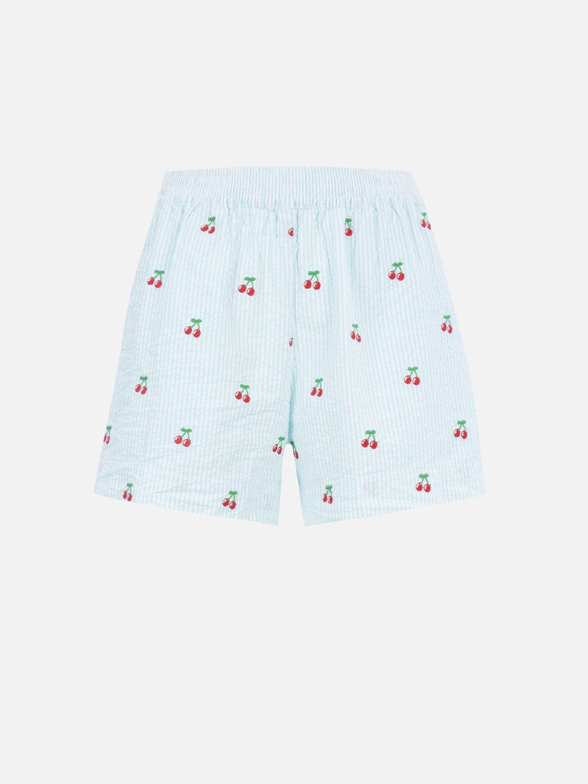 Mc2 Saint Barth Woman Seersucker Striped Pull Up Shorts Meave With Cherry Patches In Green