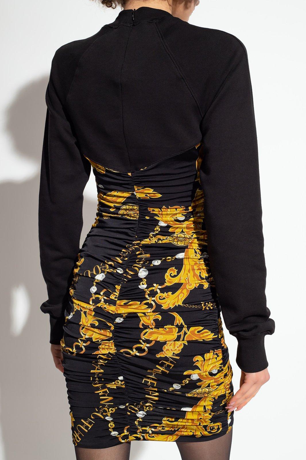 Versace Jeans Couture Logo-print Cut-out Ruched Minidress In Black/gold