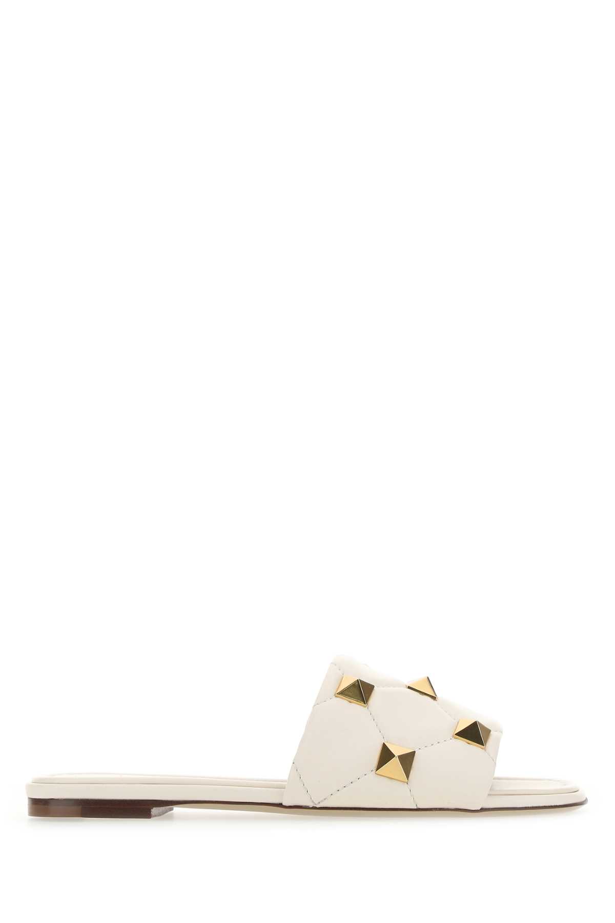 Shop Valentino Ivory Nappa Leather Roman Stud Slippers In I16