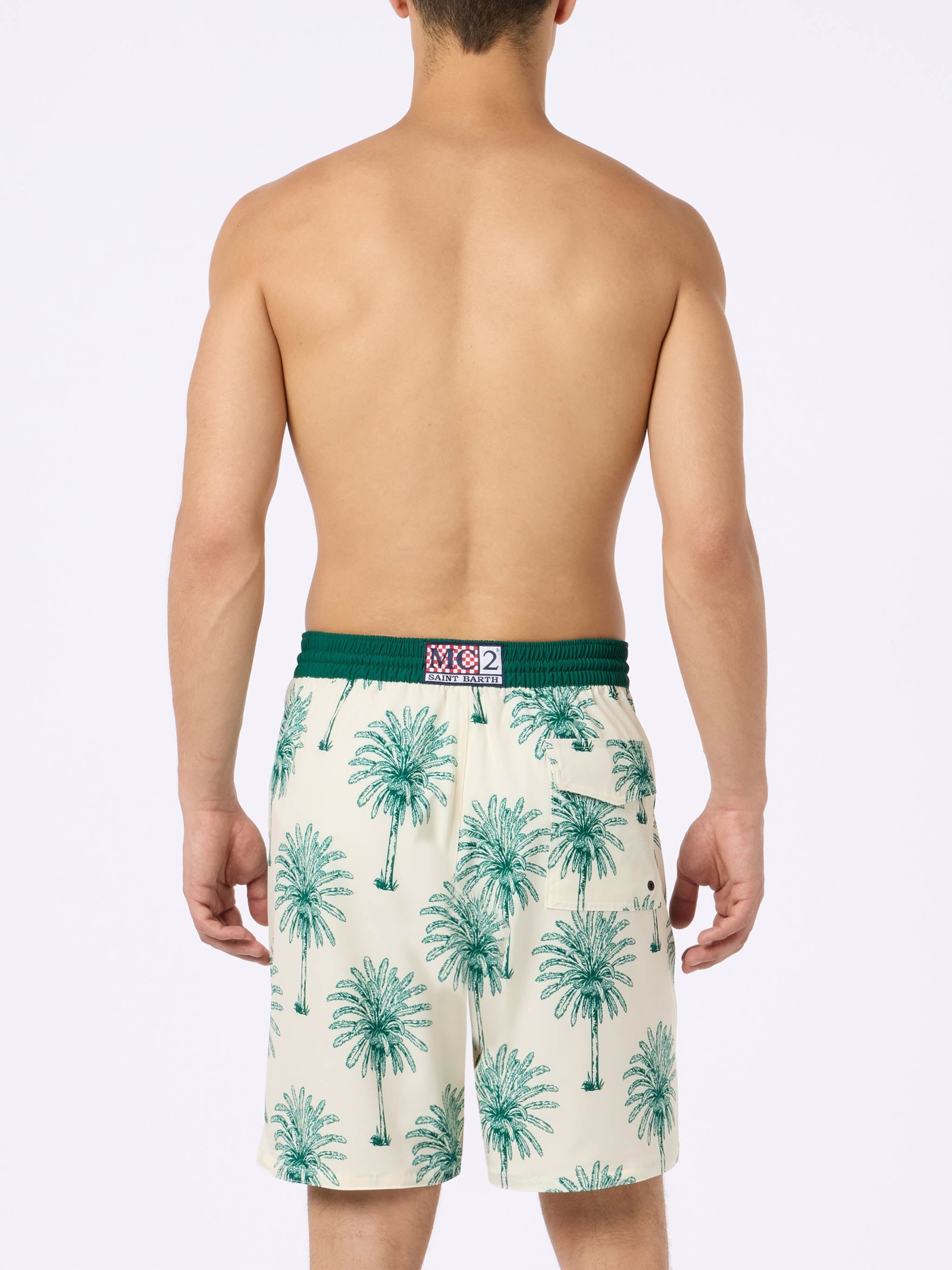 MC2 SAINT BARTH LONG STRETCH COMFORT SURF SWIM SHORTS WITH PALM PRINT