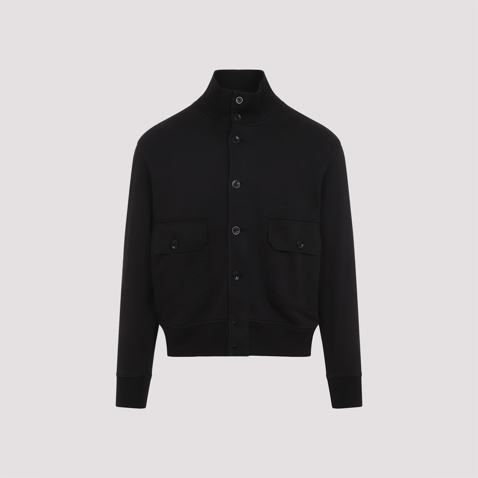 C.p. Company Full Button Sweatshirt With Cotton Poplin Pockets In Black