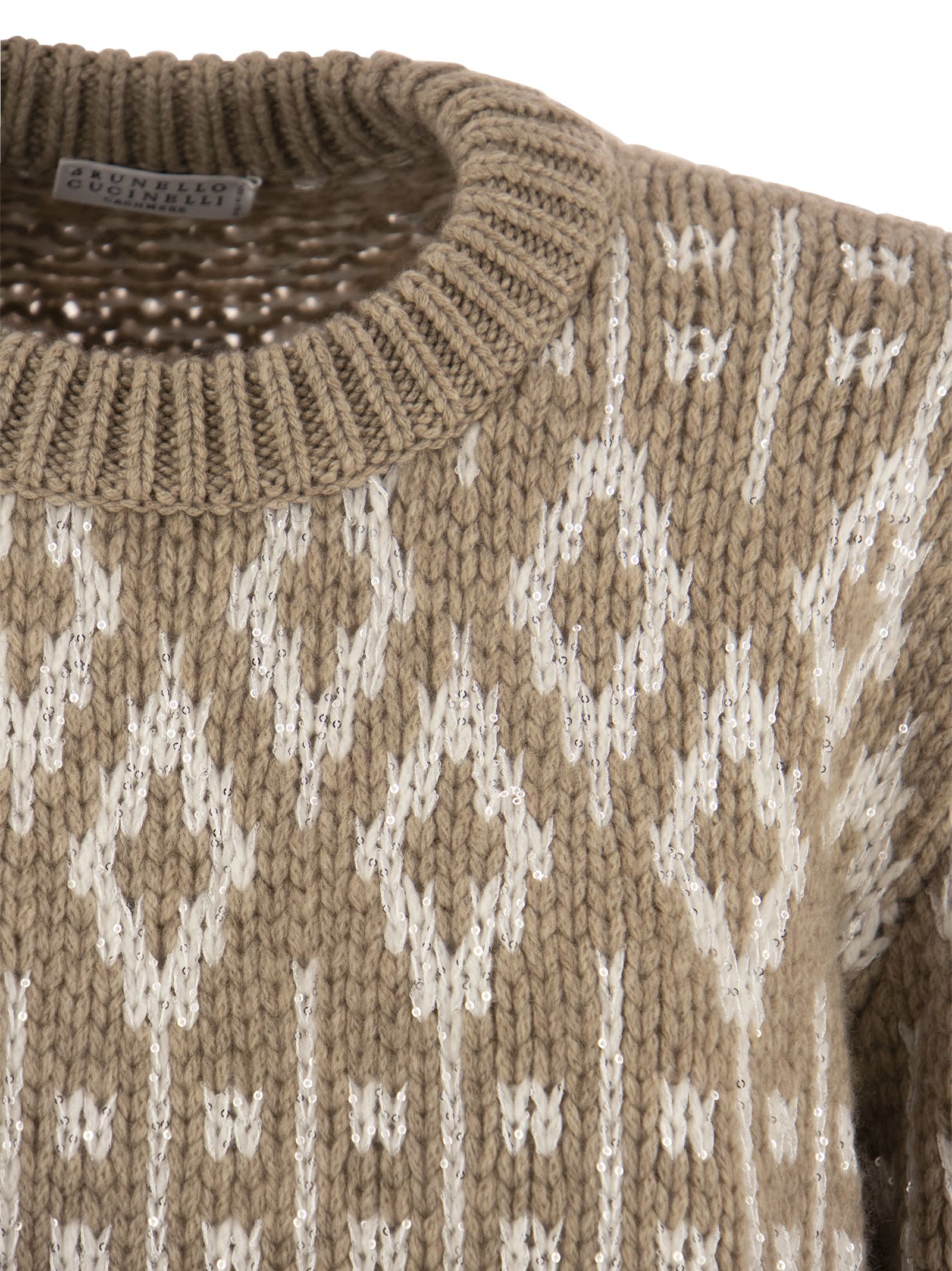 Shop Brunello Cucinelli Dazzling Vintage Jacquard Cashmere Sweater Feather In Beige
