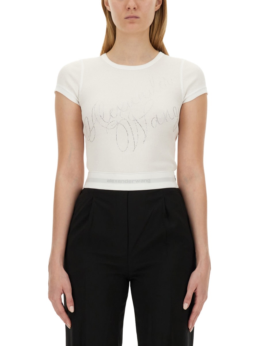 Shop Alexander Wang Rhinestone Logo T-shirt In White