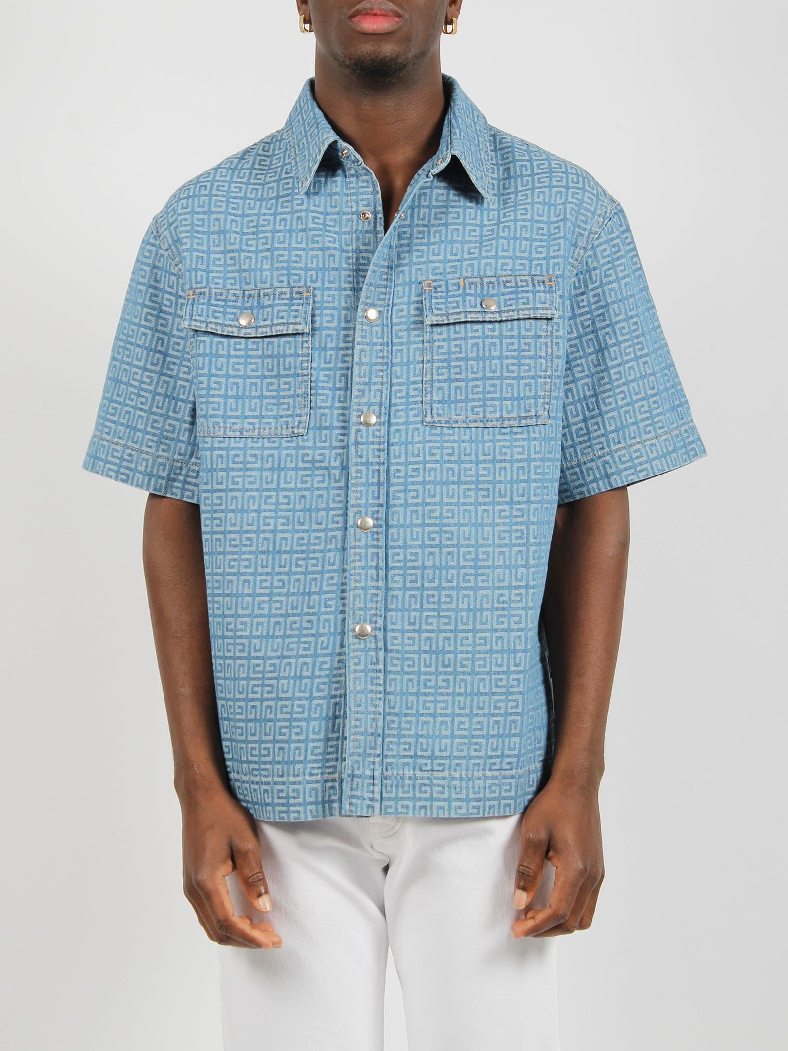 Shop Givenchy Short Sleeve 4g Denim Shirt In Blue