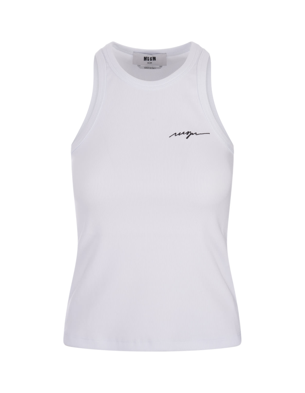 Shop Msgm White Ribbed Tank Top With  Signature