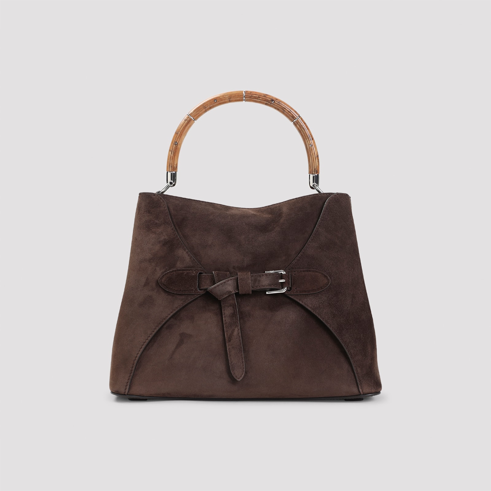 Ralph Lauren Structured Suede Bucket Bag With Bamboo Handle In Brown