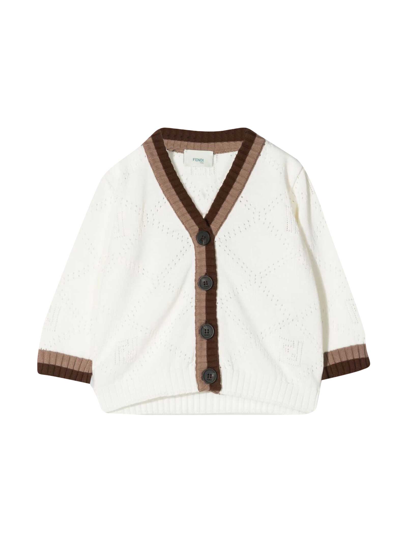 Fendi Babies' White Cardigan With Brown Details In Gesso/tabacco