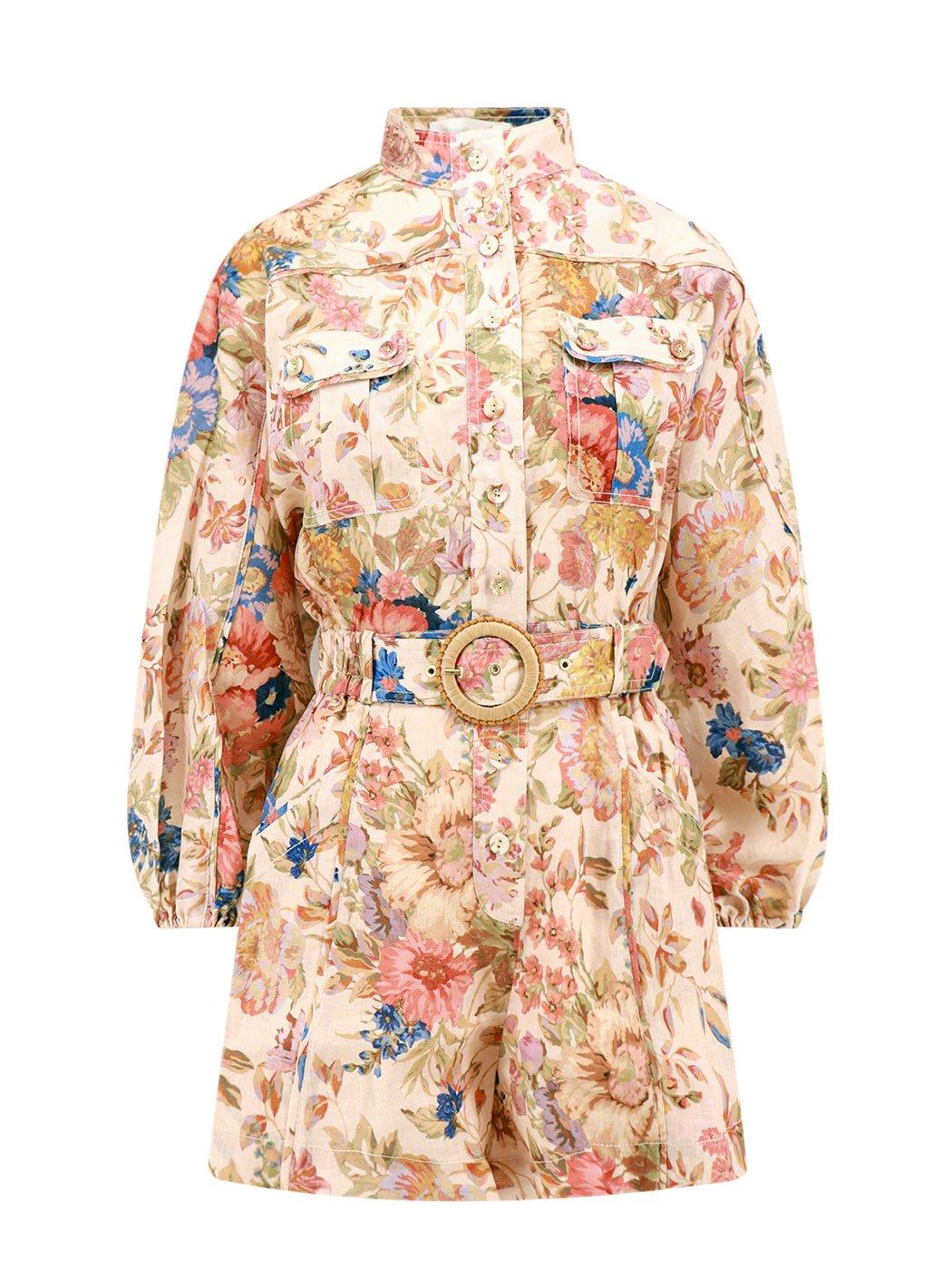 Shop Zimmermann Floral Printed Belted Waist Jumpsuit In Cream Floral