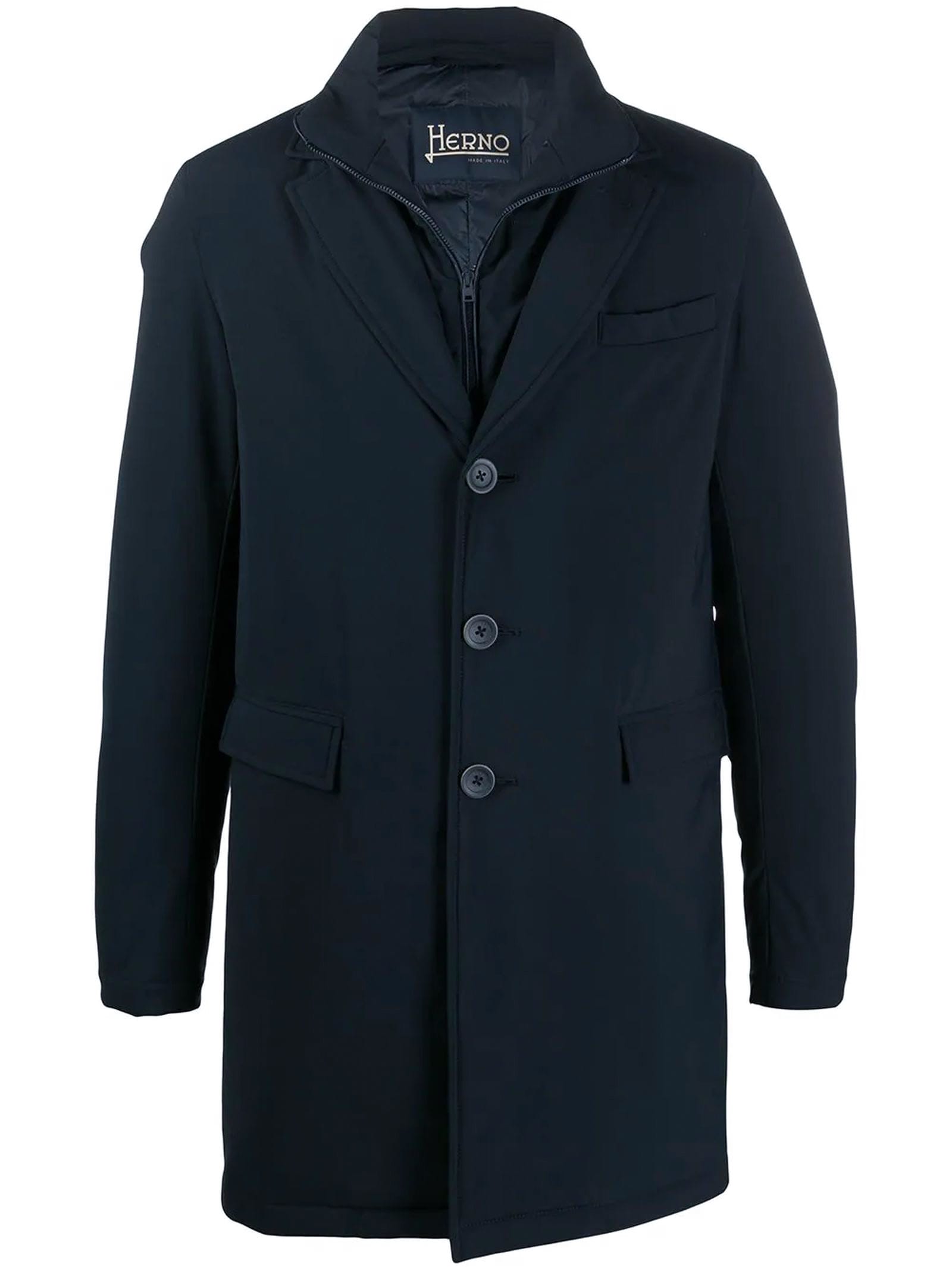 Herno Coat In Dark Blue Bi-stretch Laminated Fabric.