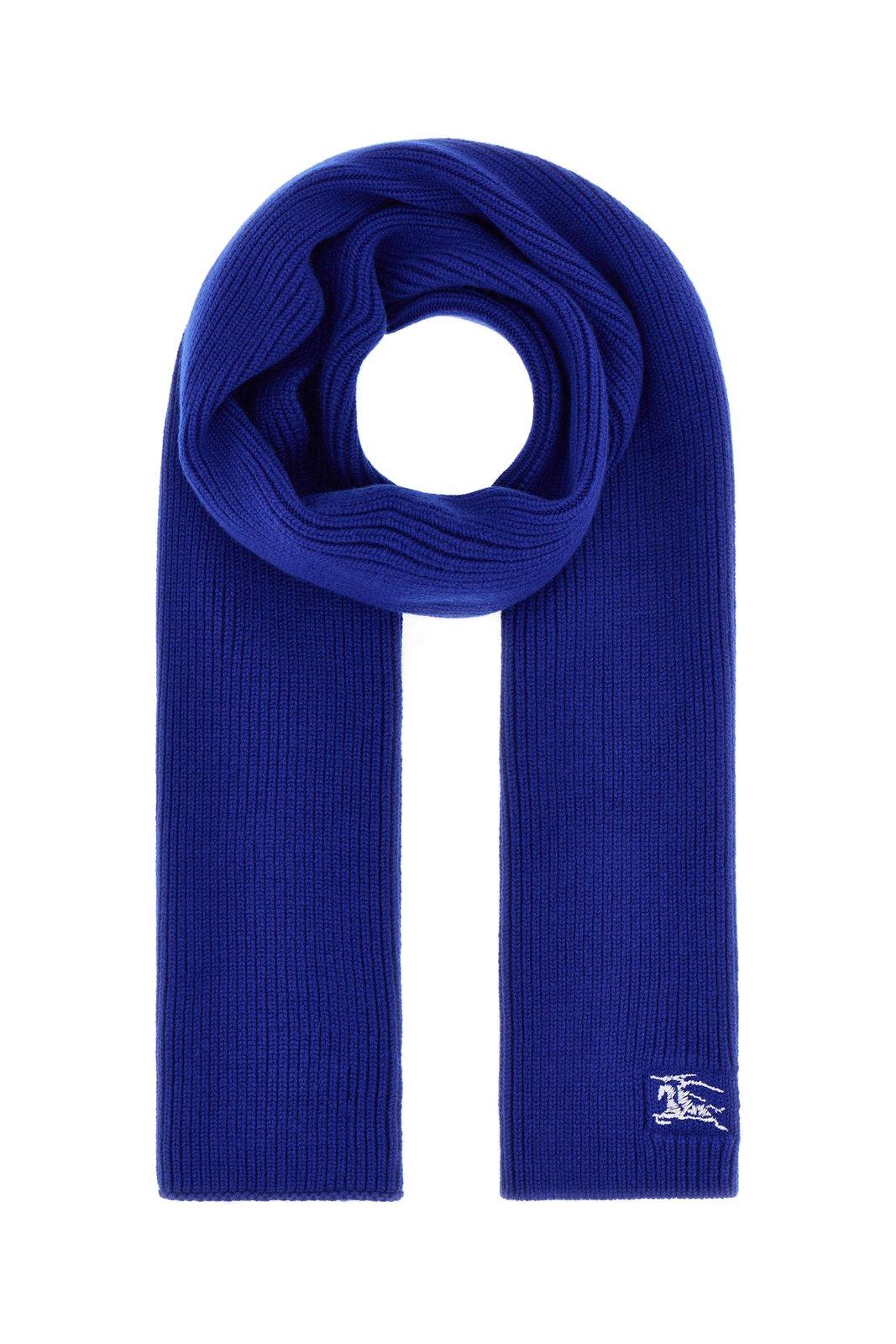 Burberry Logo Embroidered Riibed-knit Scarf In Navy