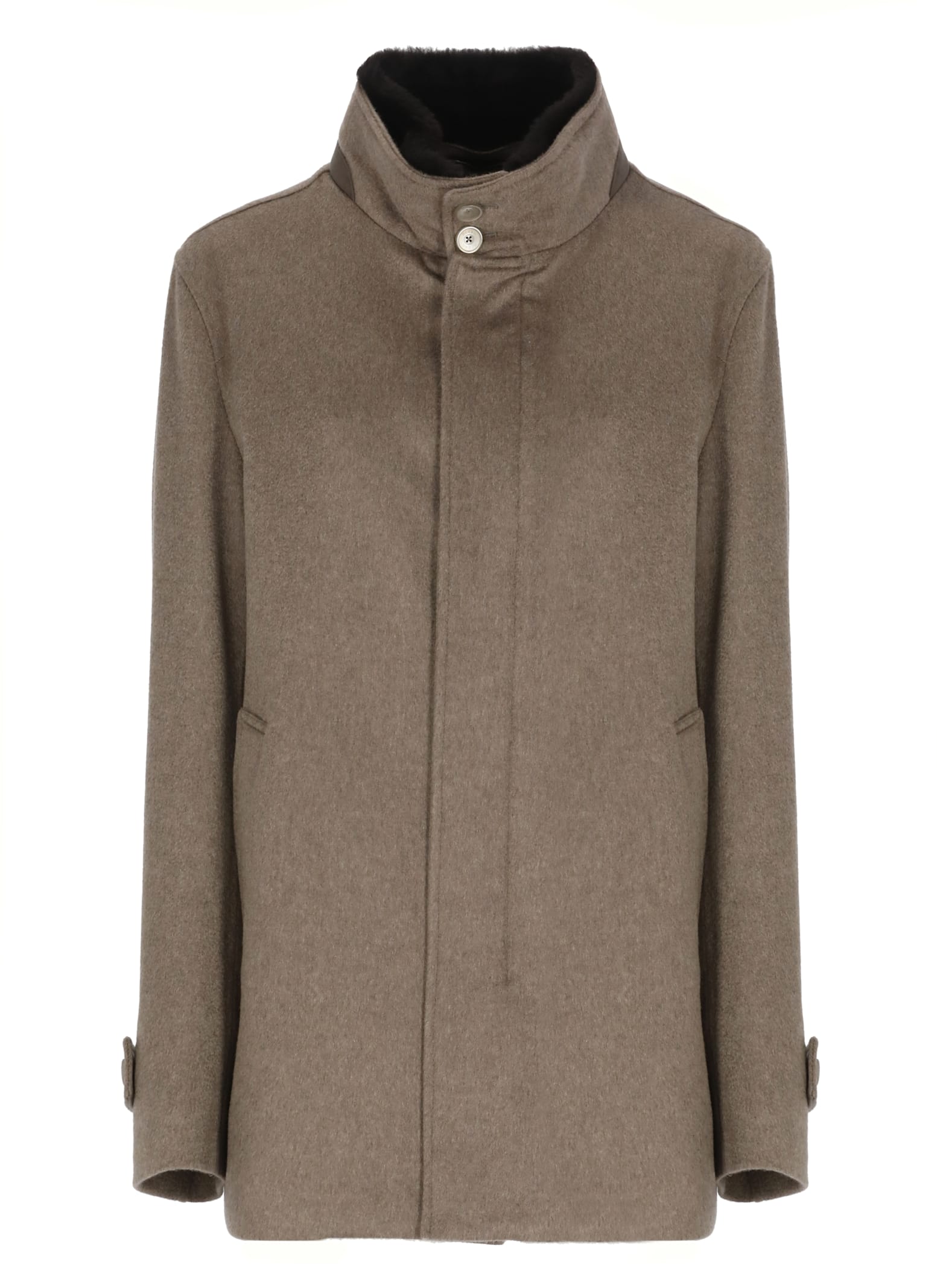 Herno Beige Cashmere Coat With Fur-lined High Neck In Brown
