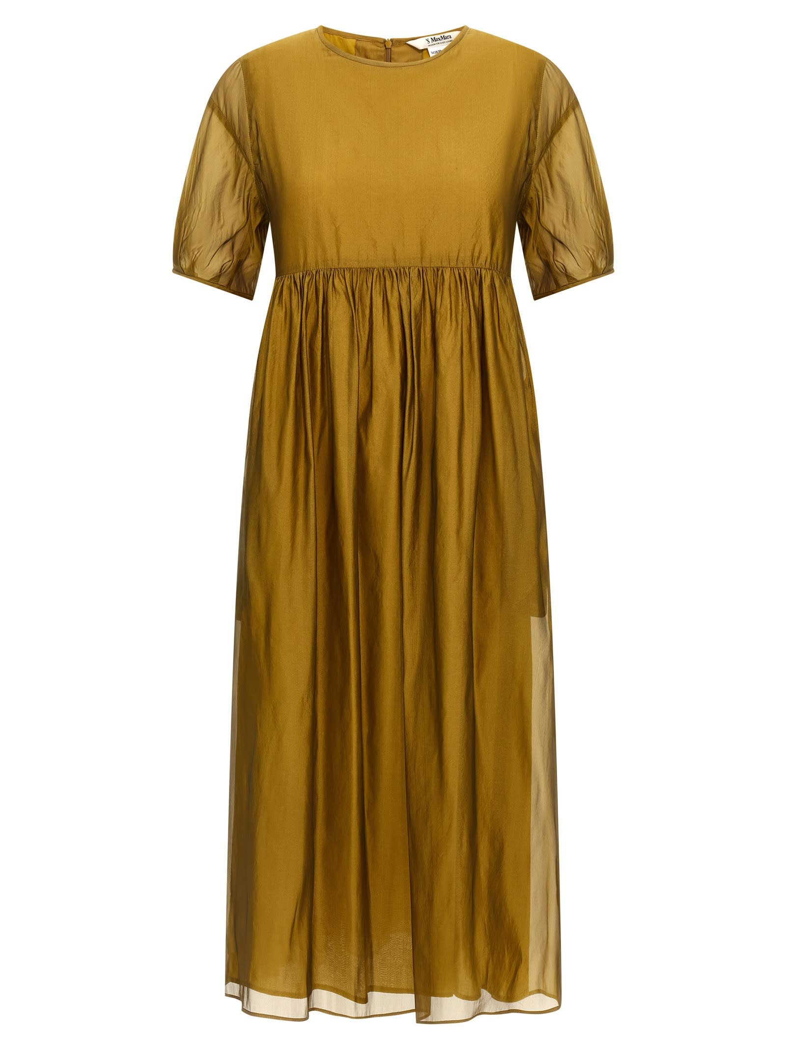 Max Mara Sheer Overlay Gathered Waist Dress In Yellow