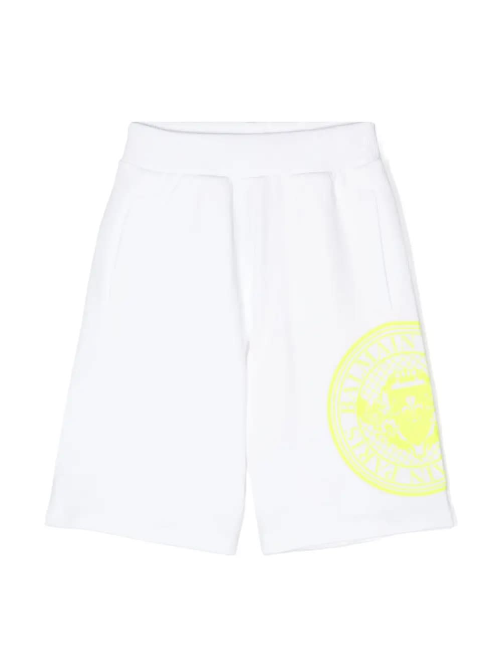 Shop Balmain White Sports Bermuda Shorts With Rubberized Logo