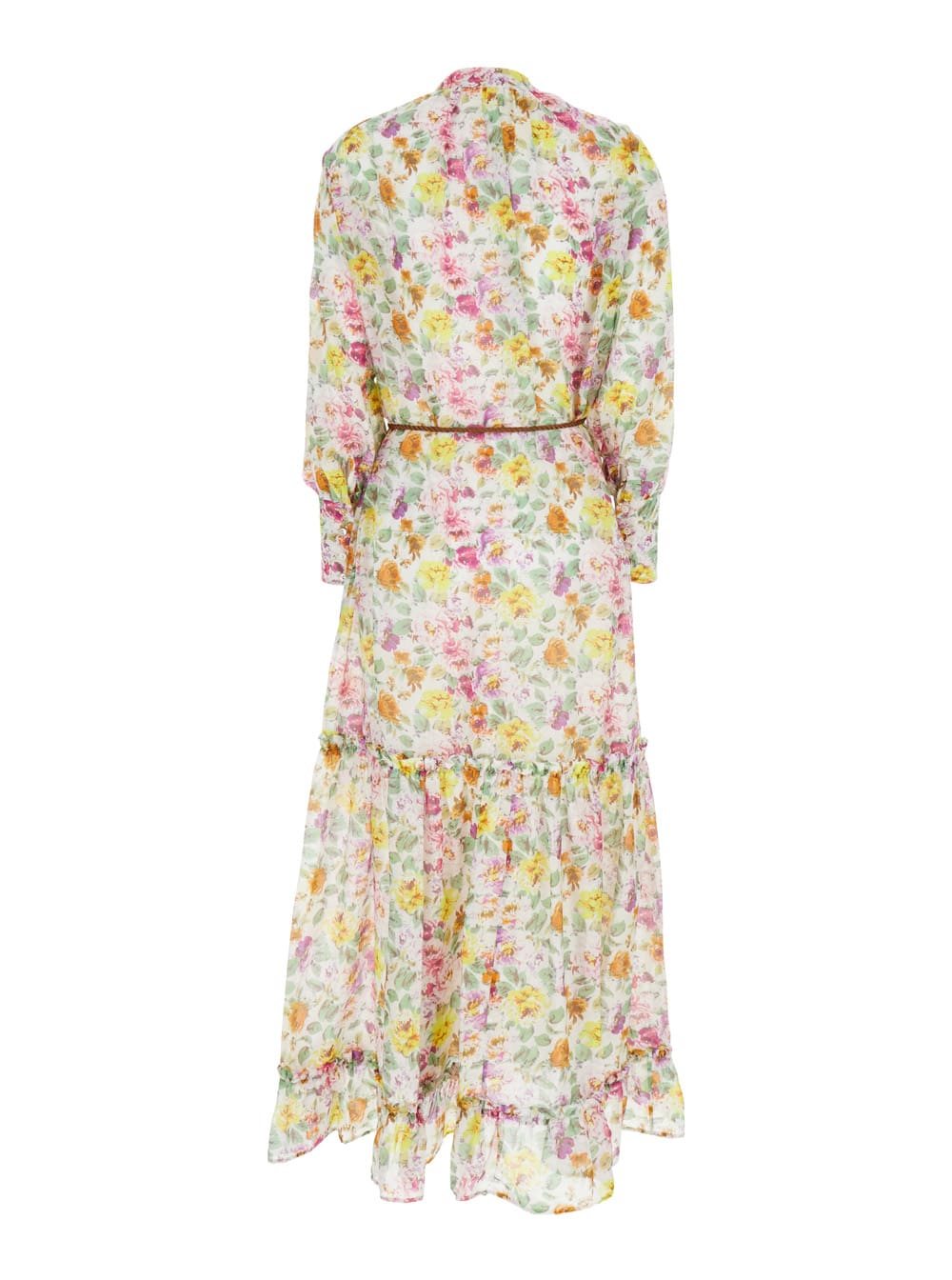 Shop Anjuna Lee Multicolor Crewneck Kaftan With All-over Floral Motif And Waist Cord In Cotton And Silk Blend Wo