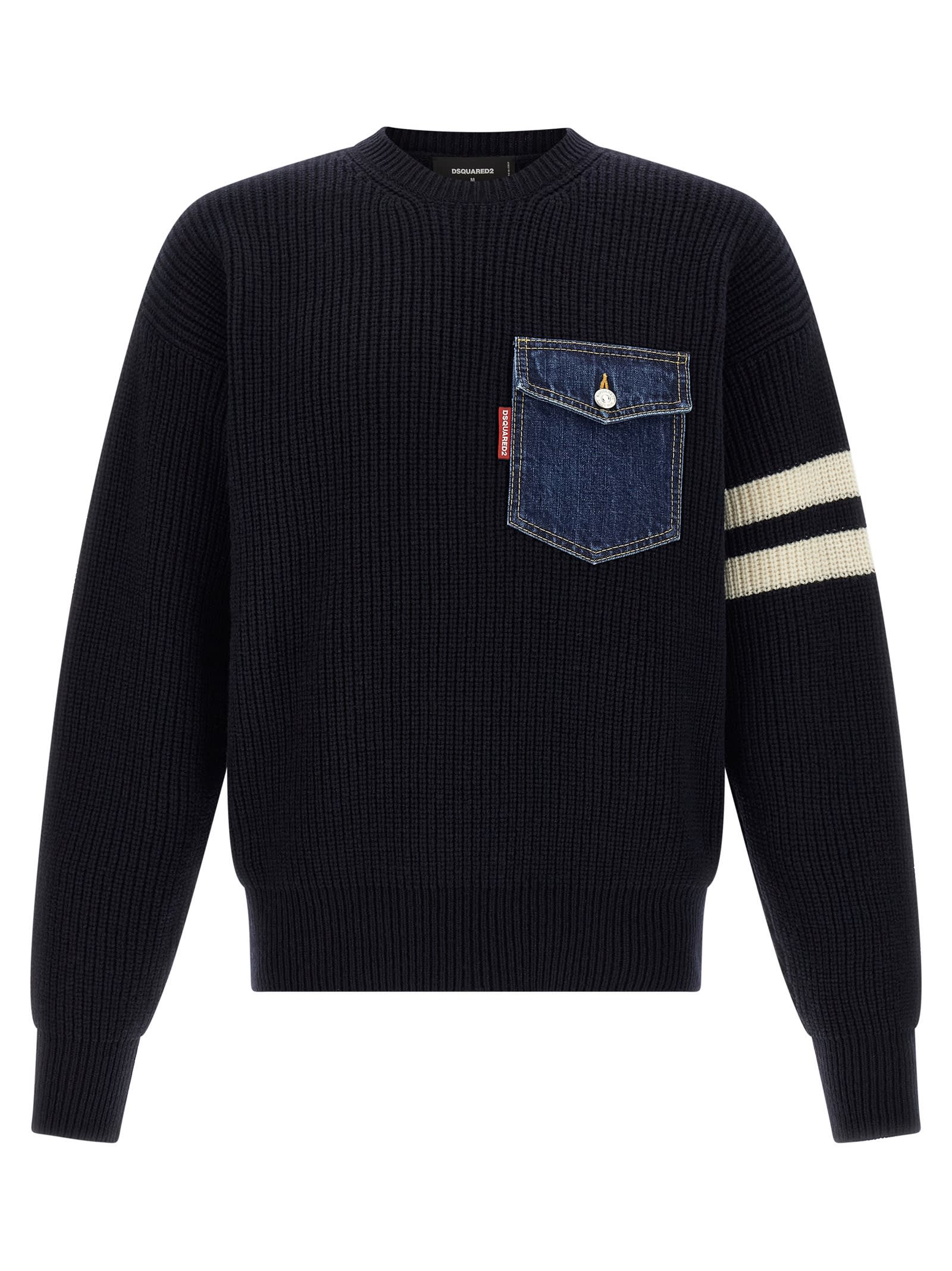 Dsquared2 Crew Neck Denim Pocket Sweater With Striped Sleeves In Brown
