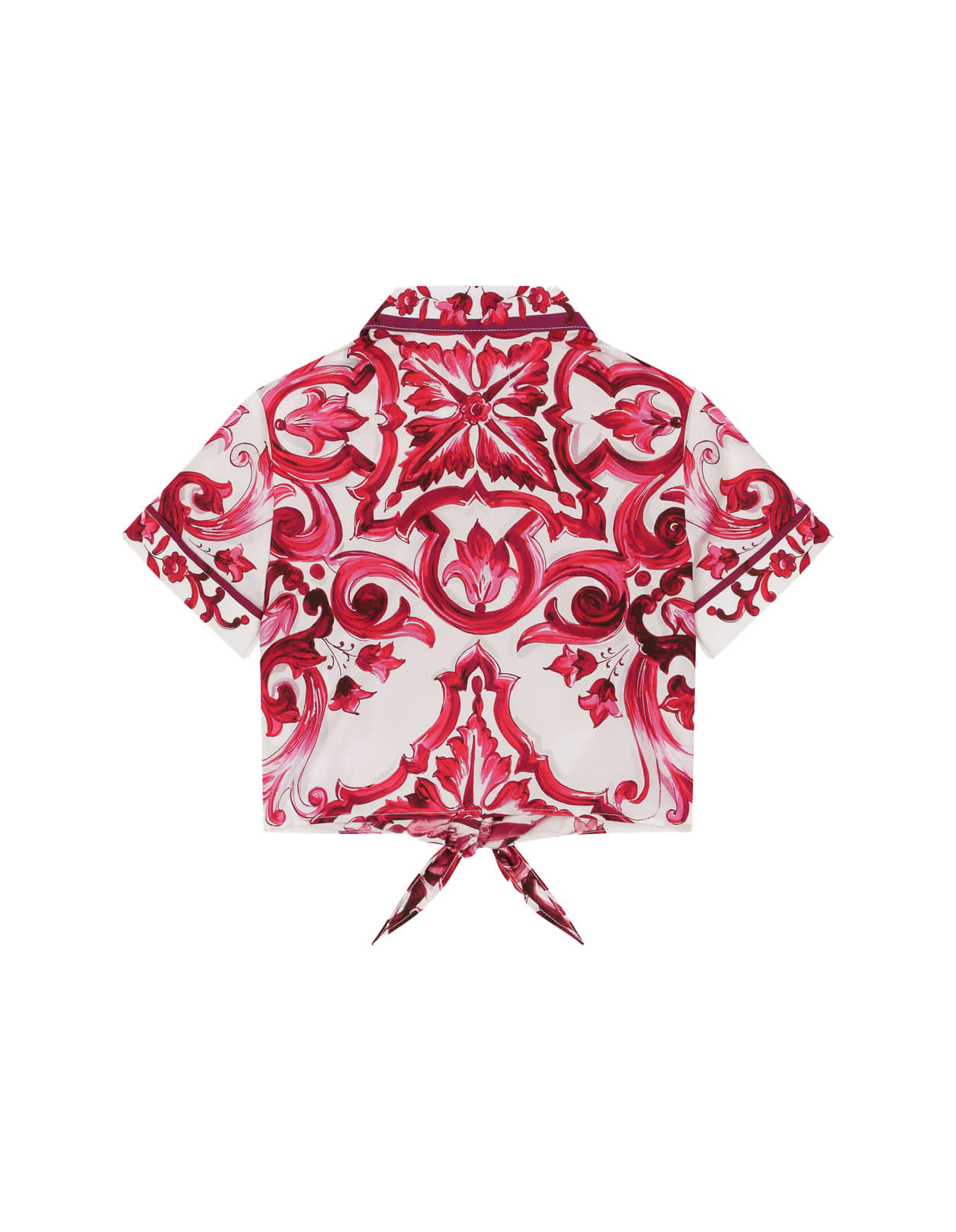 Shop Dolce & Gabbana Poplin Shirt With Short Sleeve And Fuchsia Majolica Print In Pink