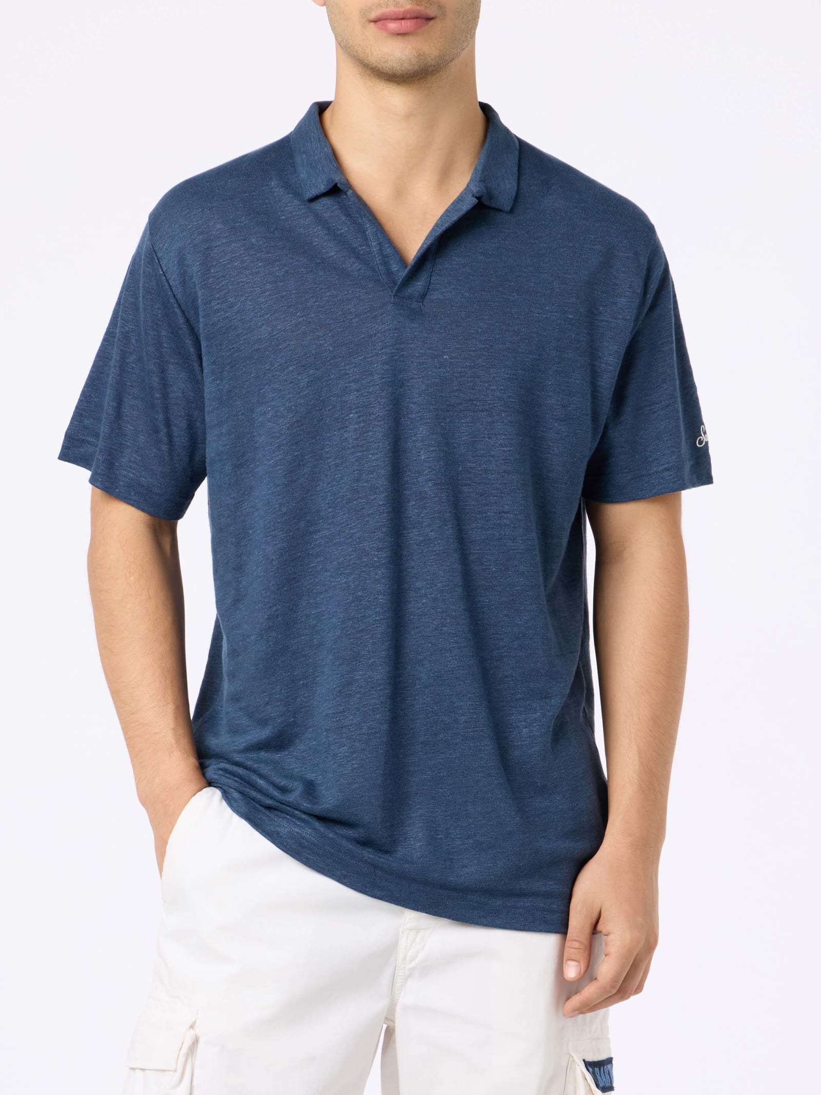 MC2 SAINT BARTH NAVY BLUE LINEN BUTTONLESS POLO SHIRT FRASER