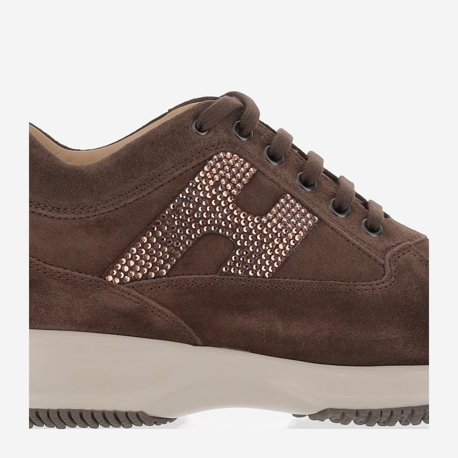 Hogan Chocolate Suede Sneakers With Rhinestone Logo In Brown