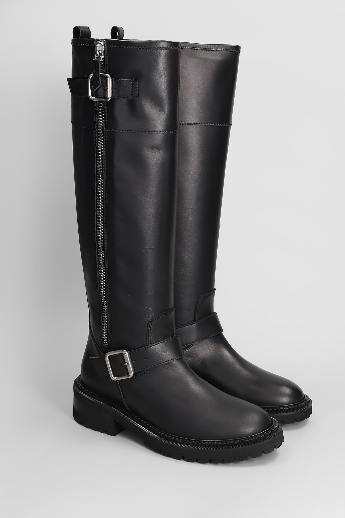 Via Roma 15 Black Leather Boot With Side Zip And Buckle Detail In Black