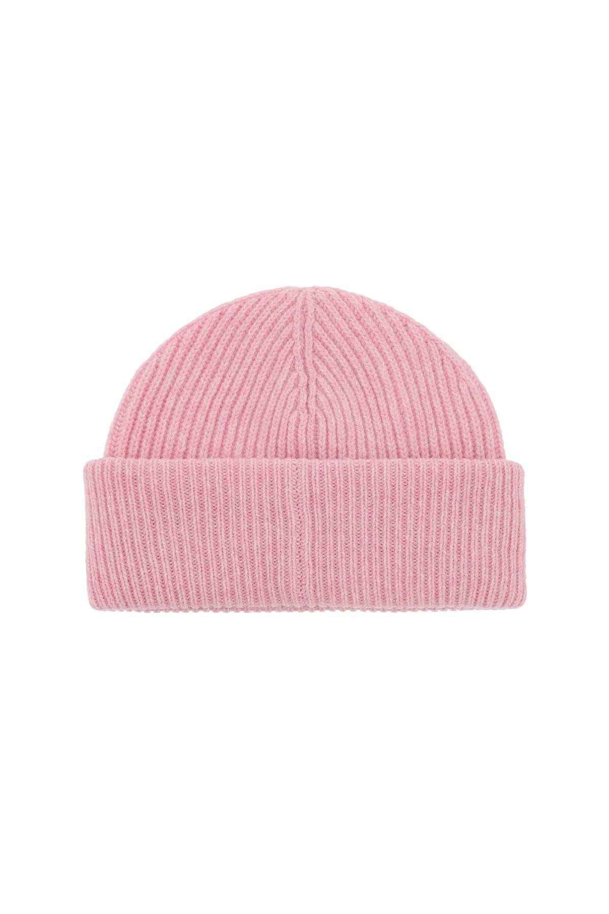 Shop Ganni Beanie Hat With Logo Label In Mauve Chalk (pink)