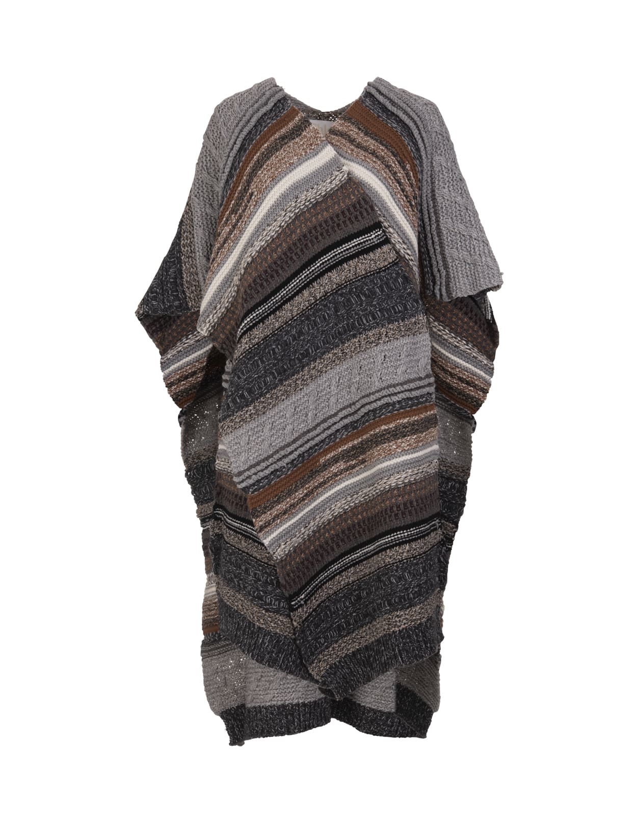 Chloé Long Poncho In Wool And Cashmere With Grey And Multicolored Stripes