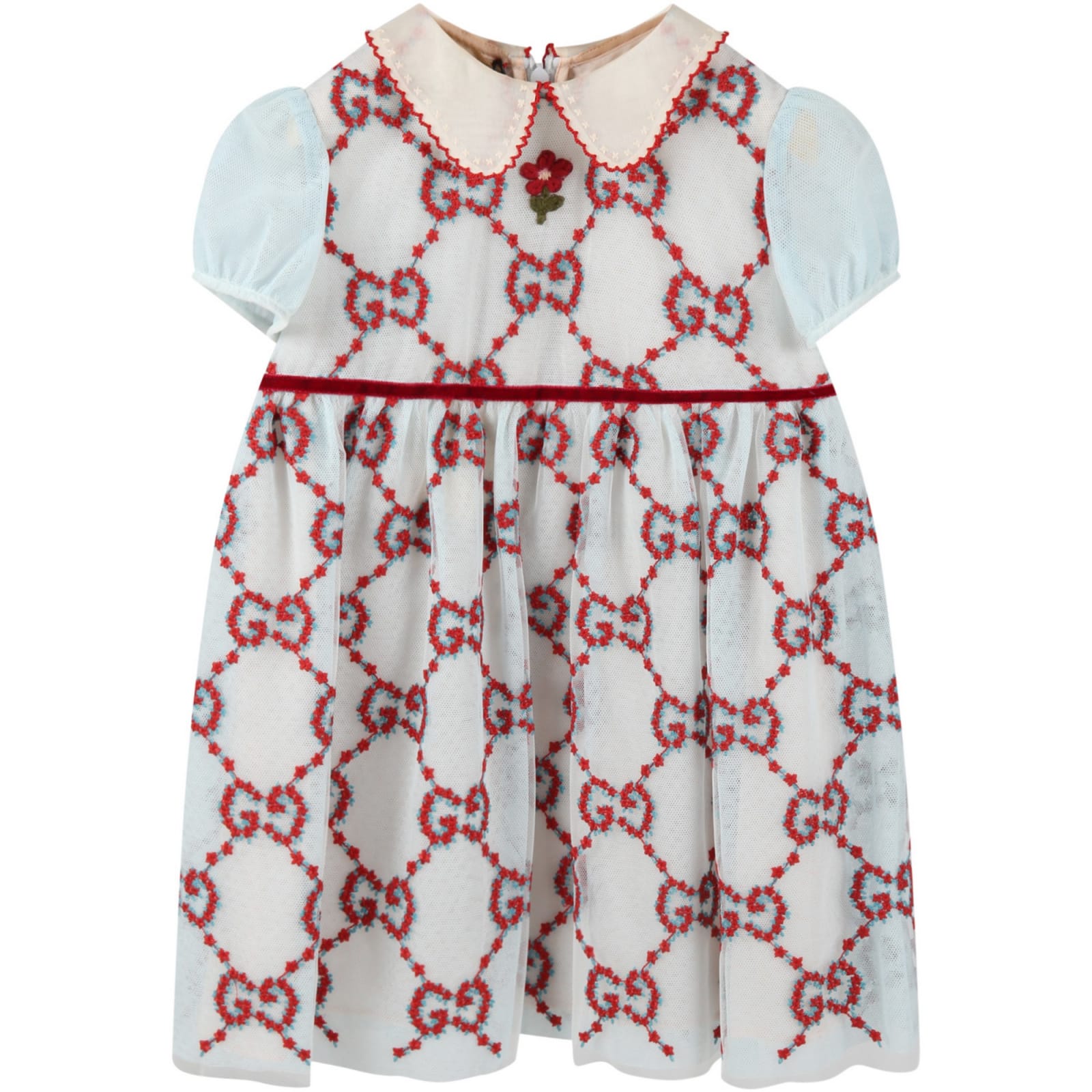Gucci Light Blue Dress For Baby Girl With Red Flowers