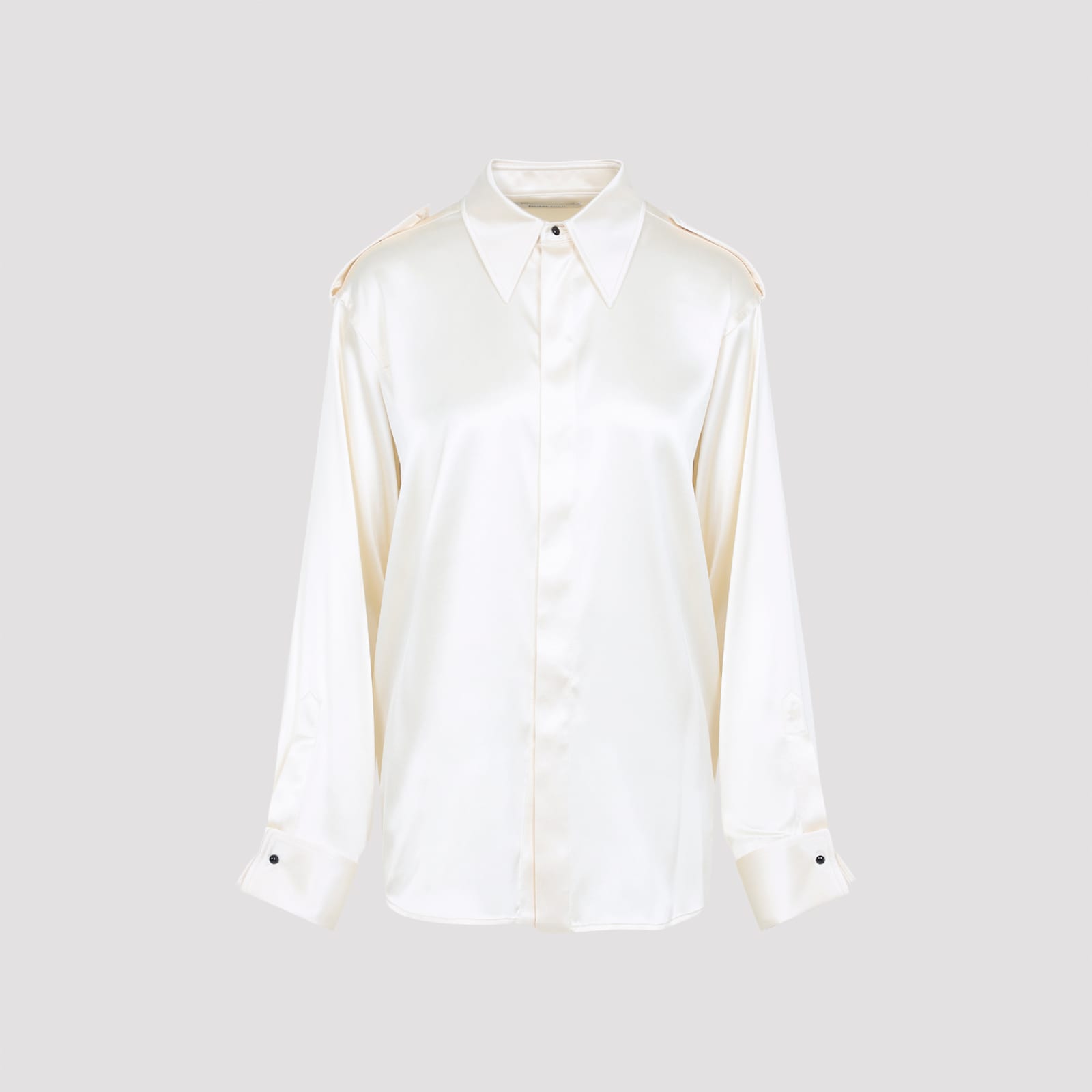 Phoebe Philo Liquid Utility White Silk Shirt With Pointed Collar And Button Tabs In Neutral
