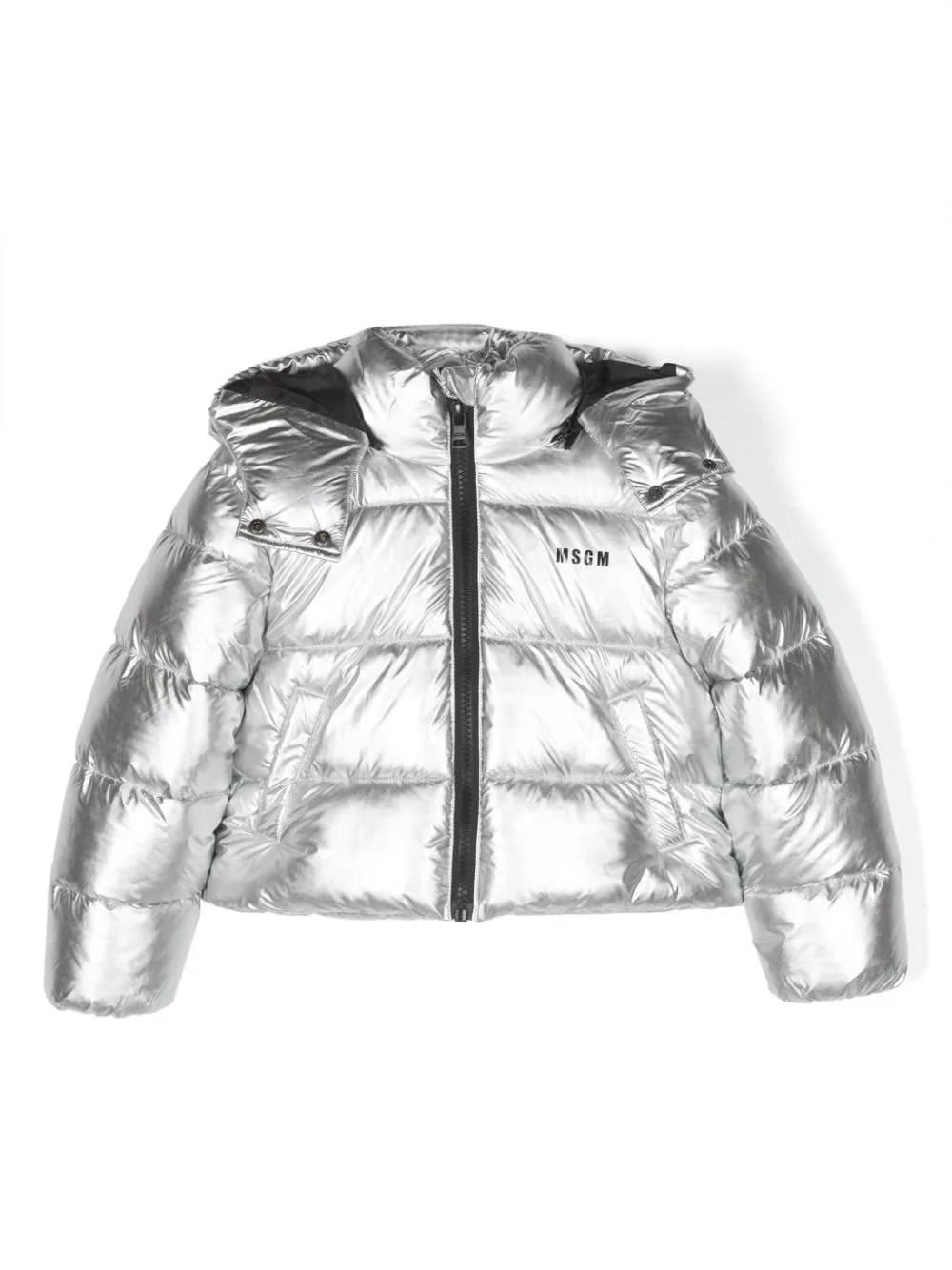 MSGM SILVER METALLIC PUFFER JACKET WITH LOGO AND STAR