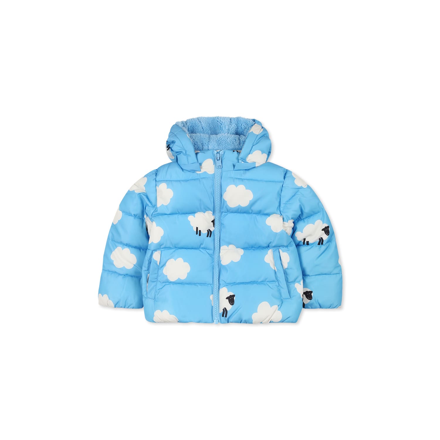 Stella Mccartney Light Blue Down Jacket For Babykids With Clouds In Blue