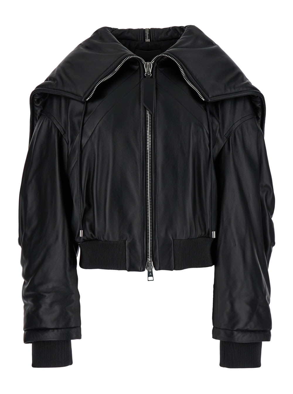 Shop Attico Black Bomber Jacket With Zipped Oversized Hood In Leather Woman