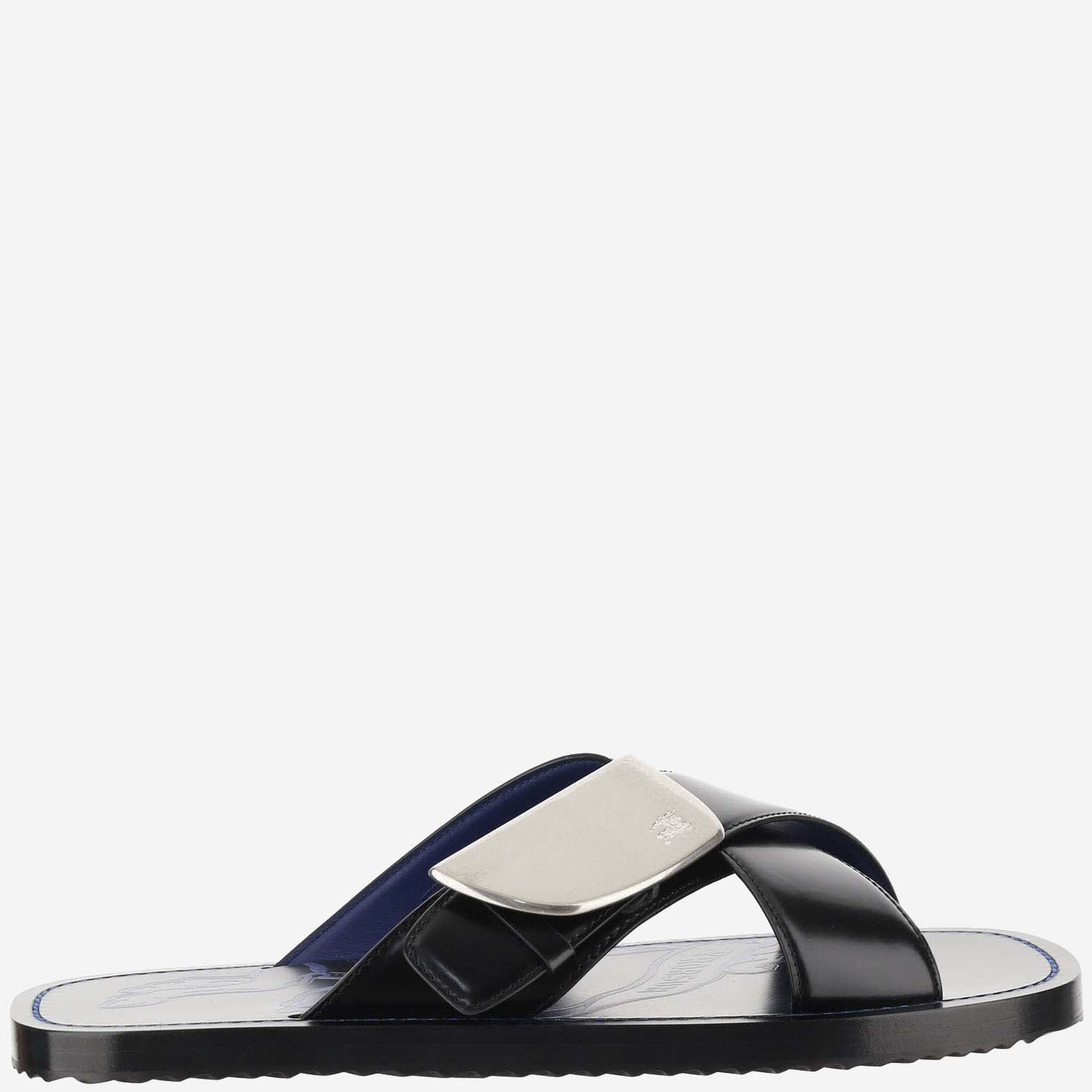 Burberry Strip Shield Leather Slippers In Black