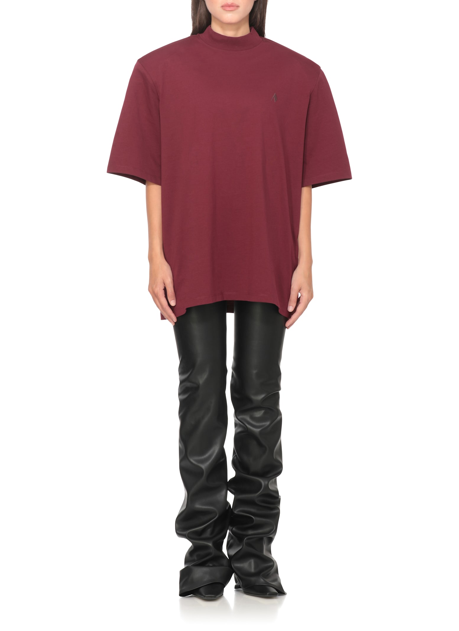 Attico Crewneck Mock Neck Logo Embroidered Top In Burgundy