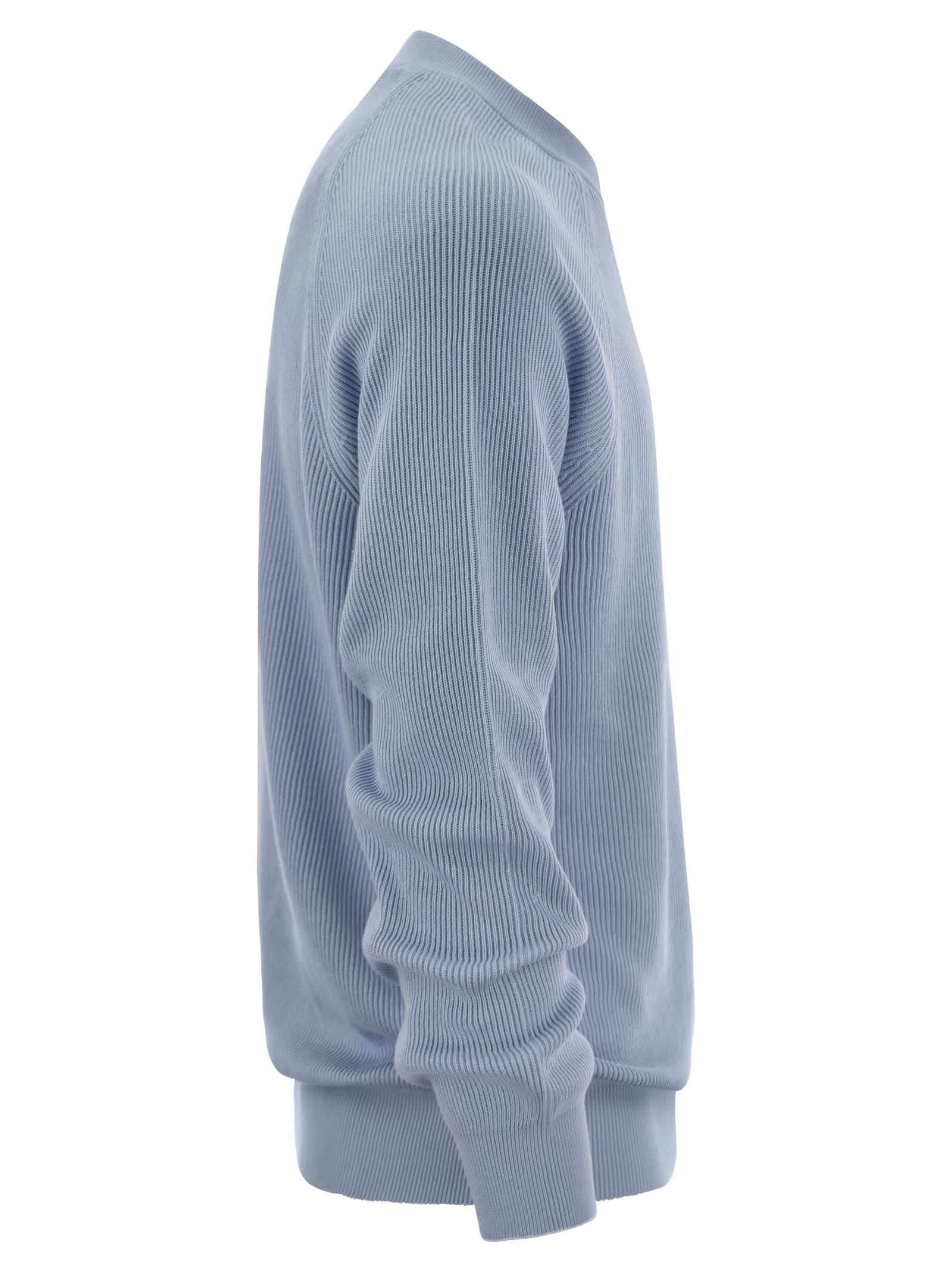 Shop Brunello Cucinelli Cotton Rib Sweater With Raglan Sleeve In Turquoise