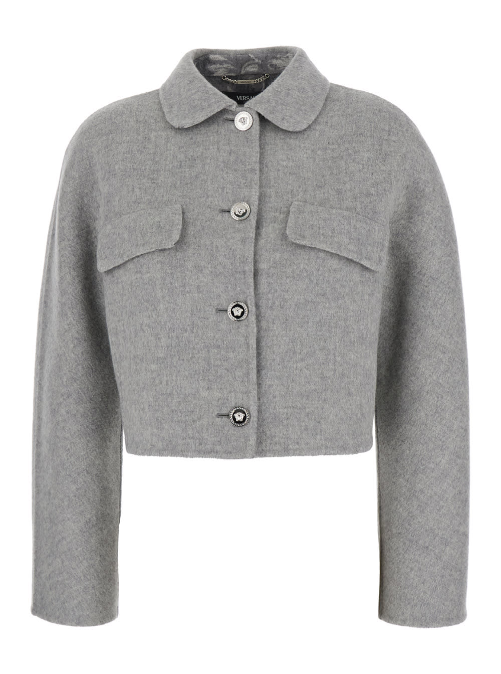 Shop Versace Grey Cropped Jacket With Medusa Buttons In Wool Blend Woman