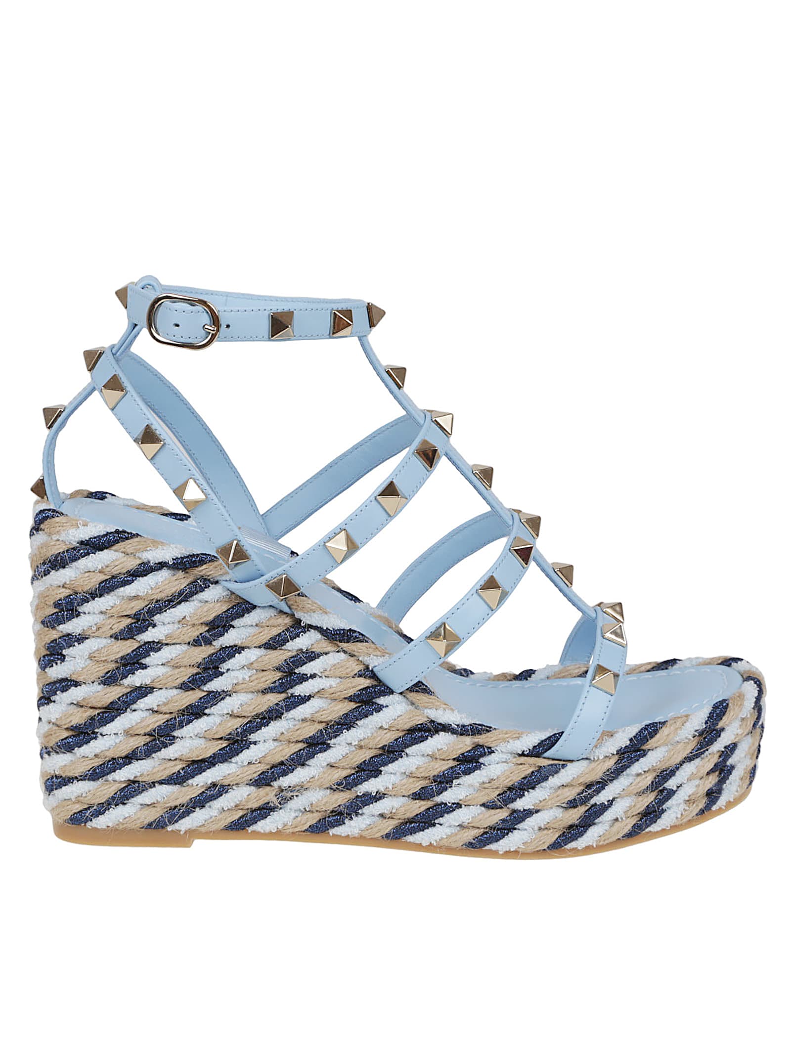Valentino Garavani Rockstud Calfskin Wedge Sandal With Straps 95mm Woman Baltic Blue 37 In Multi
