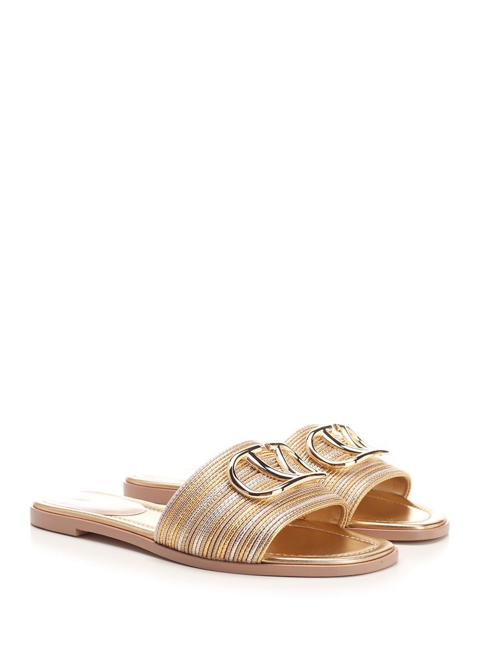 Valentino Garavani Vlogo Signature Metallic Leather Slide Sandal With Cornely Embroidery Woman Gold  In Gold