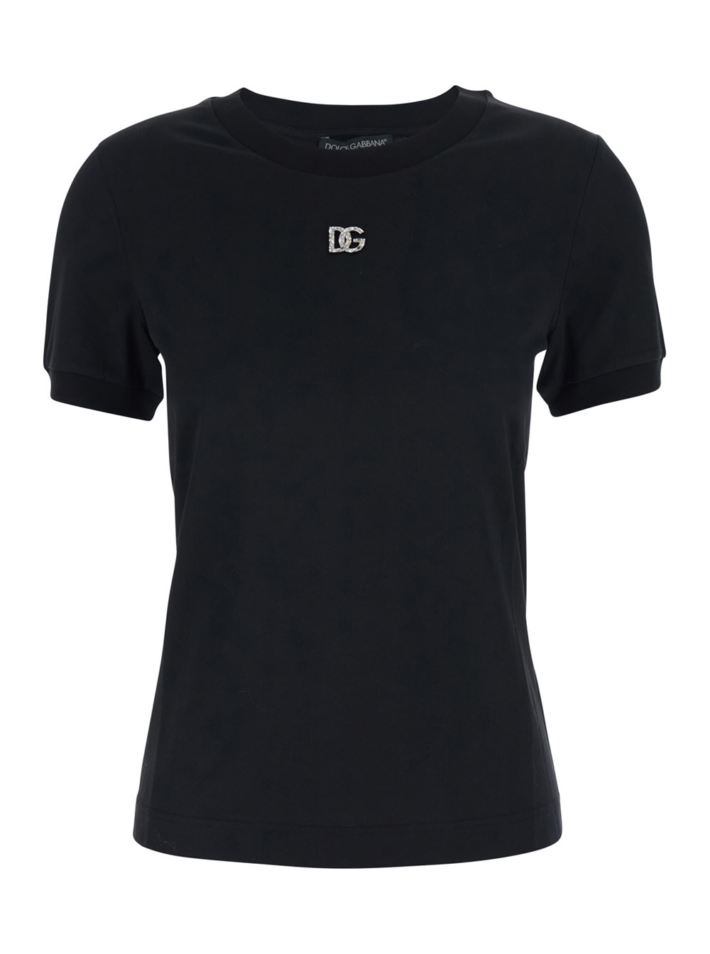 Dolce & Gabbana Black T-shirt With Logo Decorated With Crystals On The Front In Cotton Woman In Blue