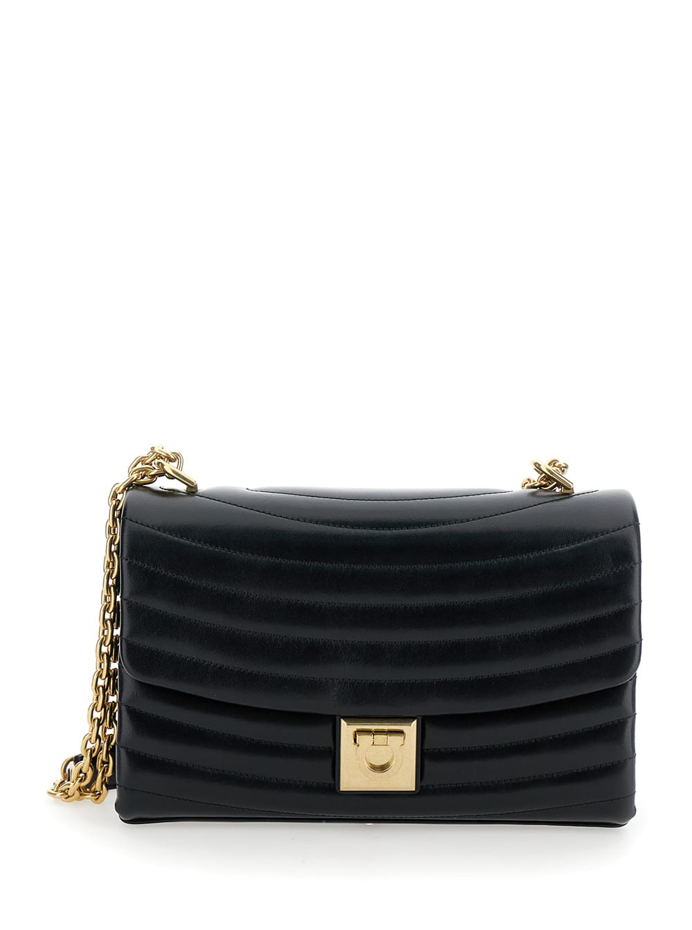 Shop Ferragamo Black Crossbody Bag With Gancini Detail In Matelassé Leather Woman