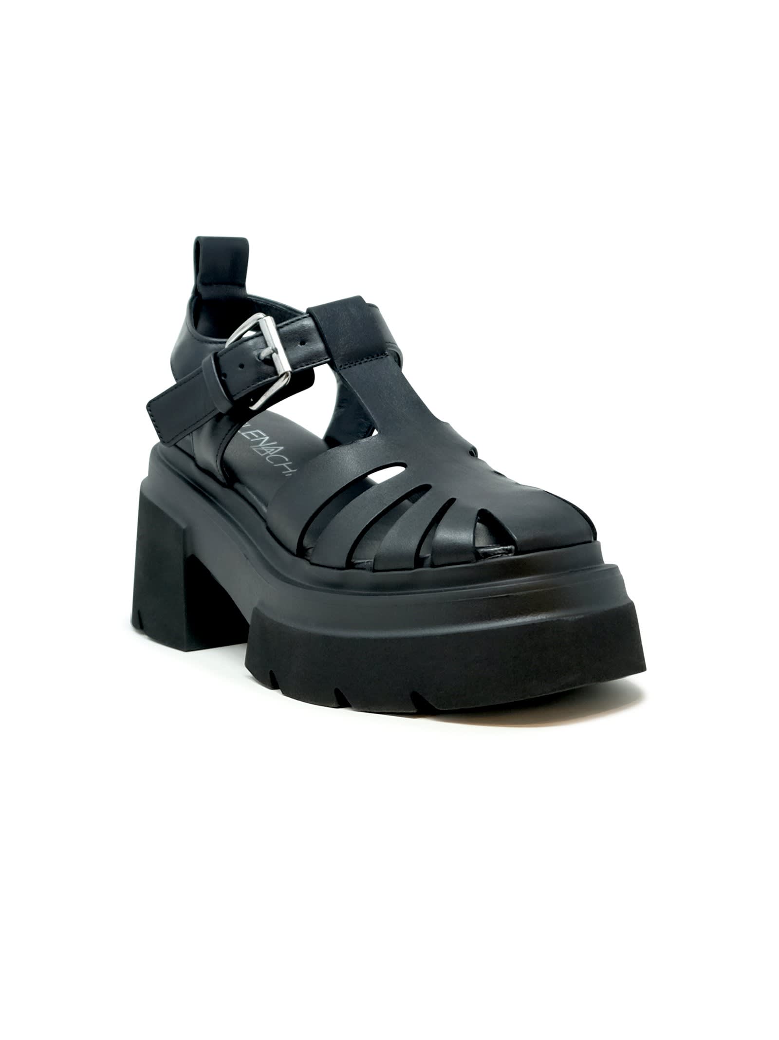 Elena Iachi Black Leather Flat Sandals In Black