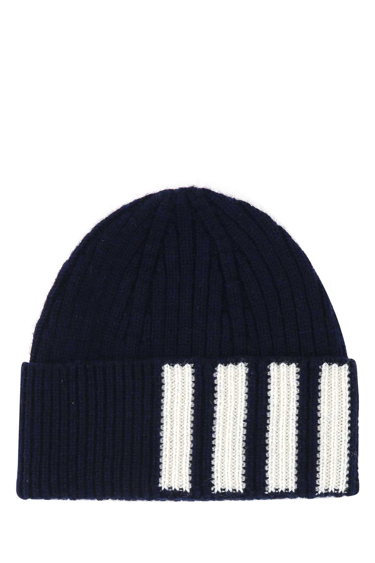 Shop Thom Browne Dark Blue Cashmere Beanie Hat In 415