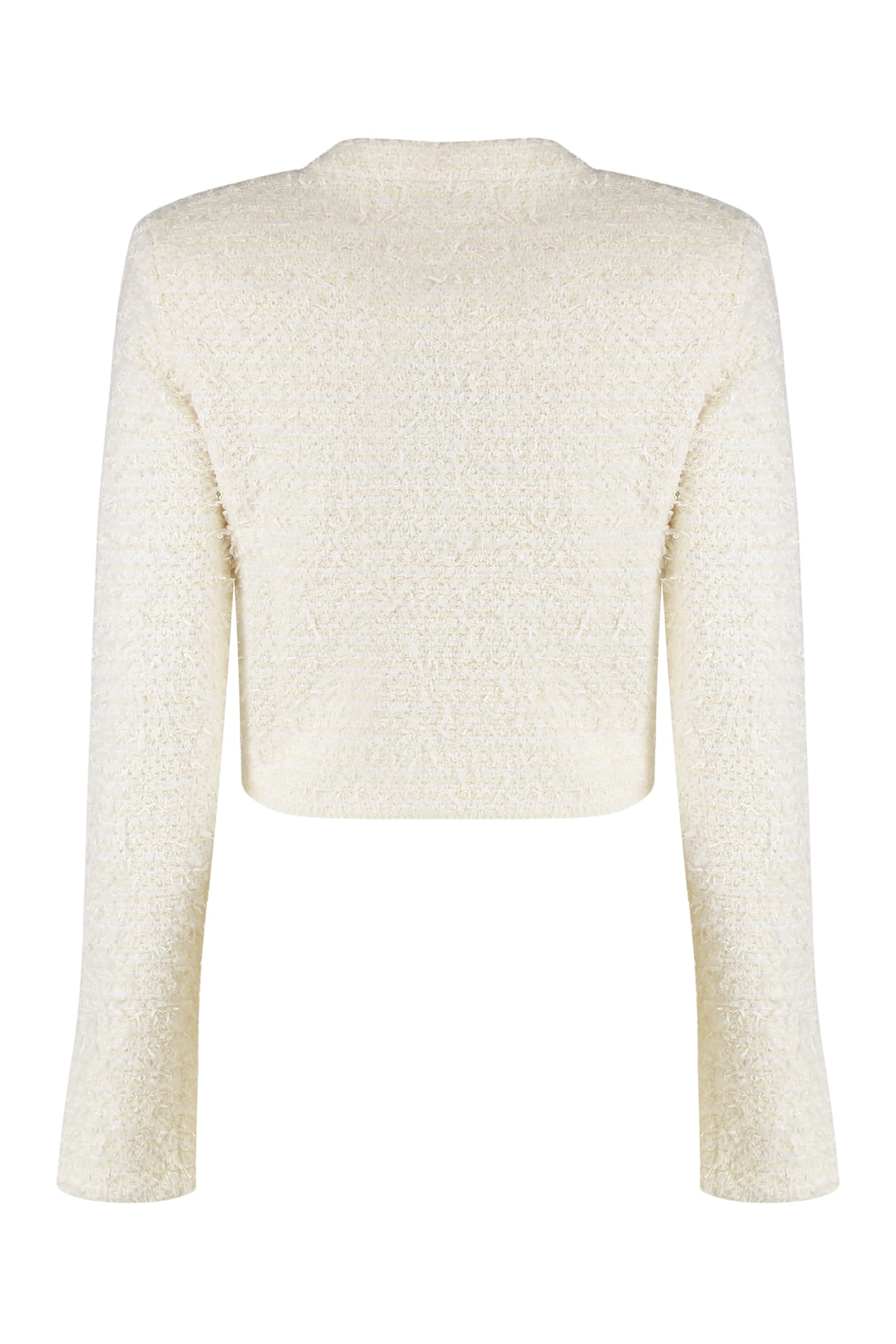 Self-portrait White Crewneck Cropped Cardigan With Crystal Embellishments On The Collar In Cotton Blend Woman In Neutral