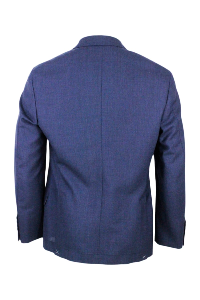 Shop Brunello Cucinelli 3-button Unlined Jacket In Cool Wool Canvas.the Buttons Are In Brown Horn In Blu