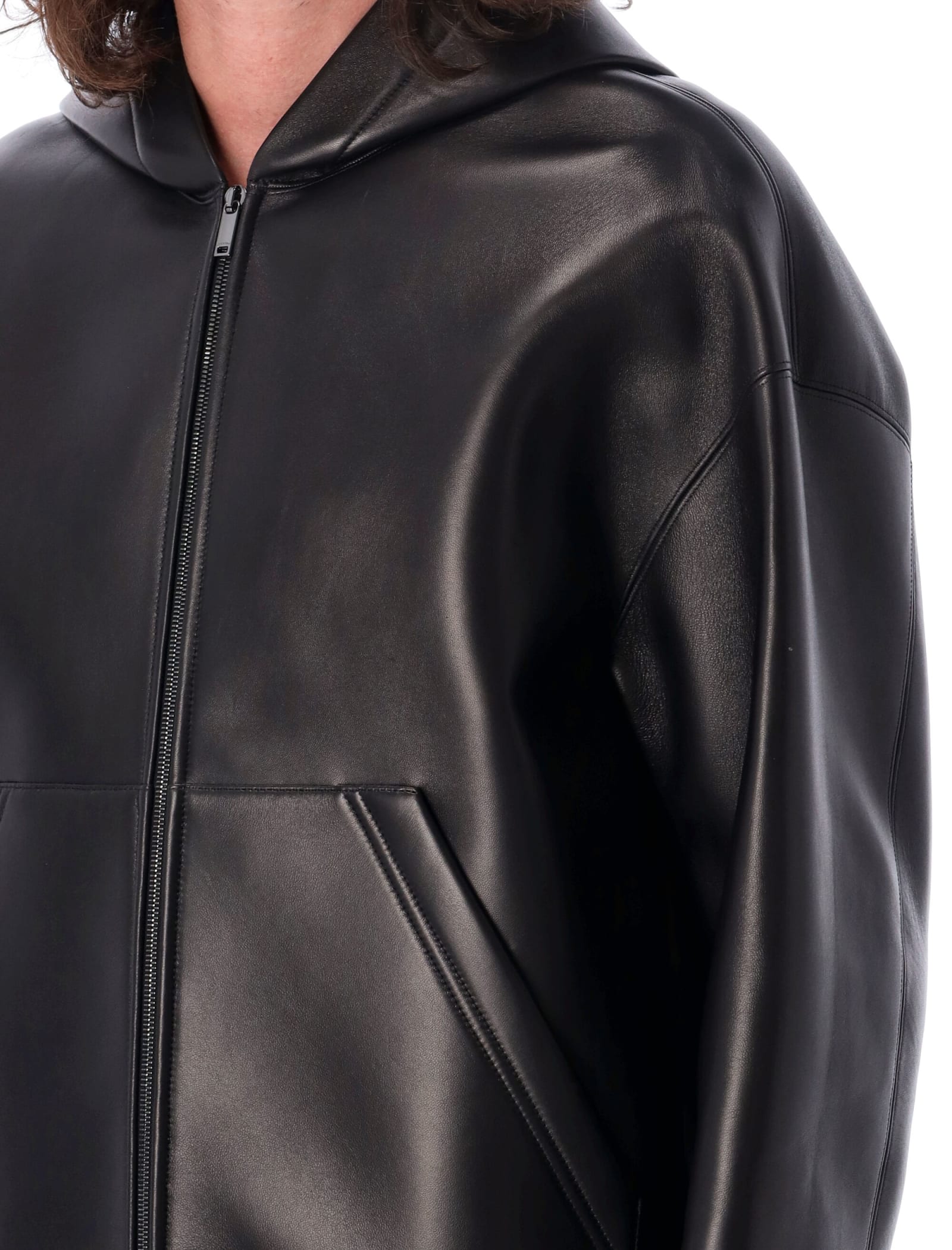 Shop Valentino Hooded Leather Bomber In Nero