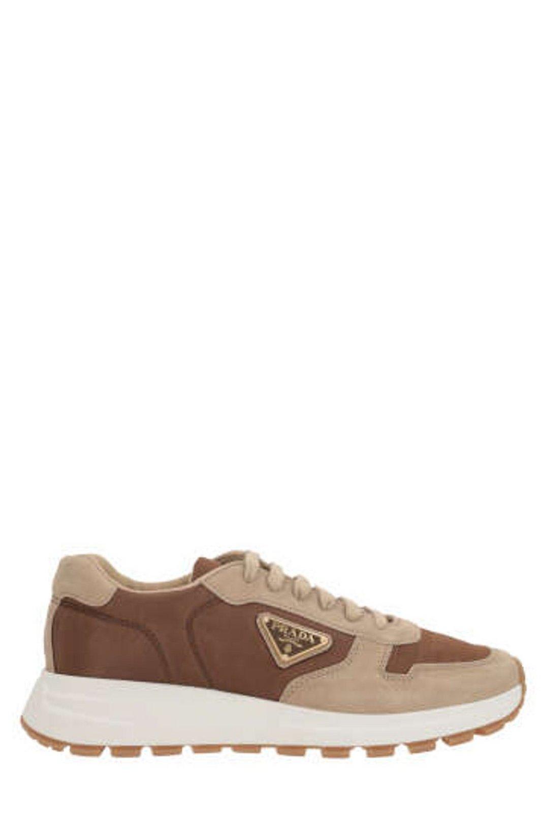 Shop Prada Enamel-triangle Lace-up Sneakers In Ecru+corinto